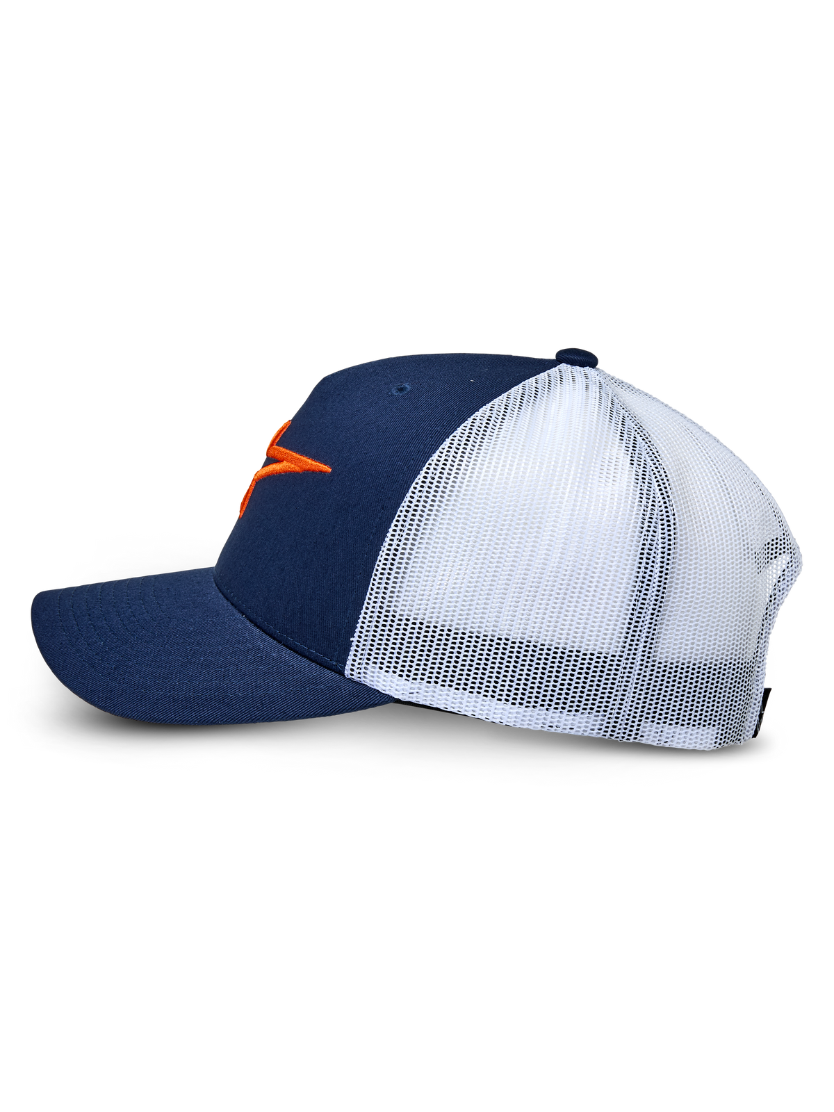 Alpinestars Ageless Trucker Hat, Navy Blue and White, side view profile, structured navy twill front with white poly mesh back, curved bill, featuring an orange 3D embroidered Astars logo, casual motorsport headwear