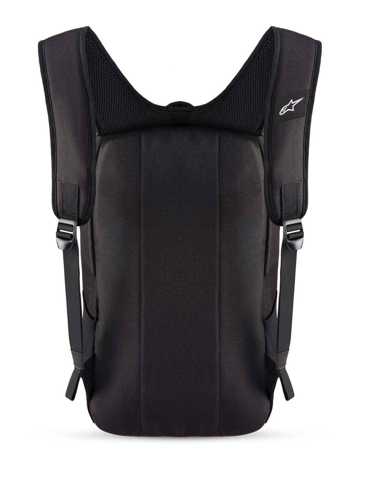Alpinestars Defcon V3 Backpack, Black, rear view showing padded back panel and breathable air mesh shoulder straps, small white Alpinestars logo on the strap, durable 600D polyester construction for daily use.