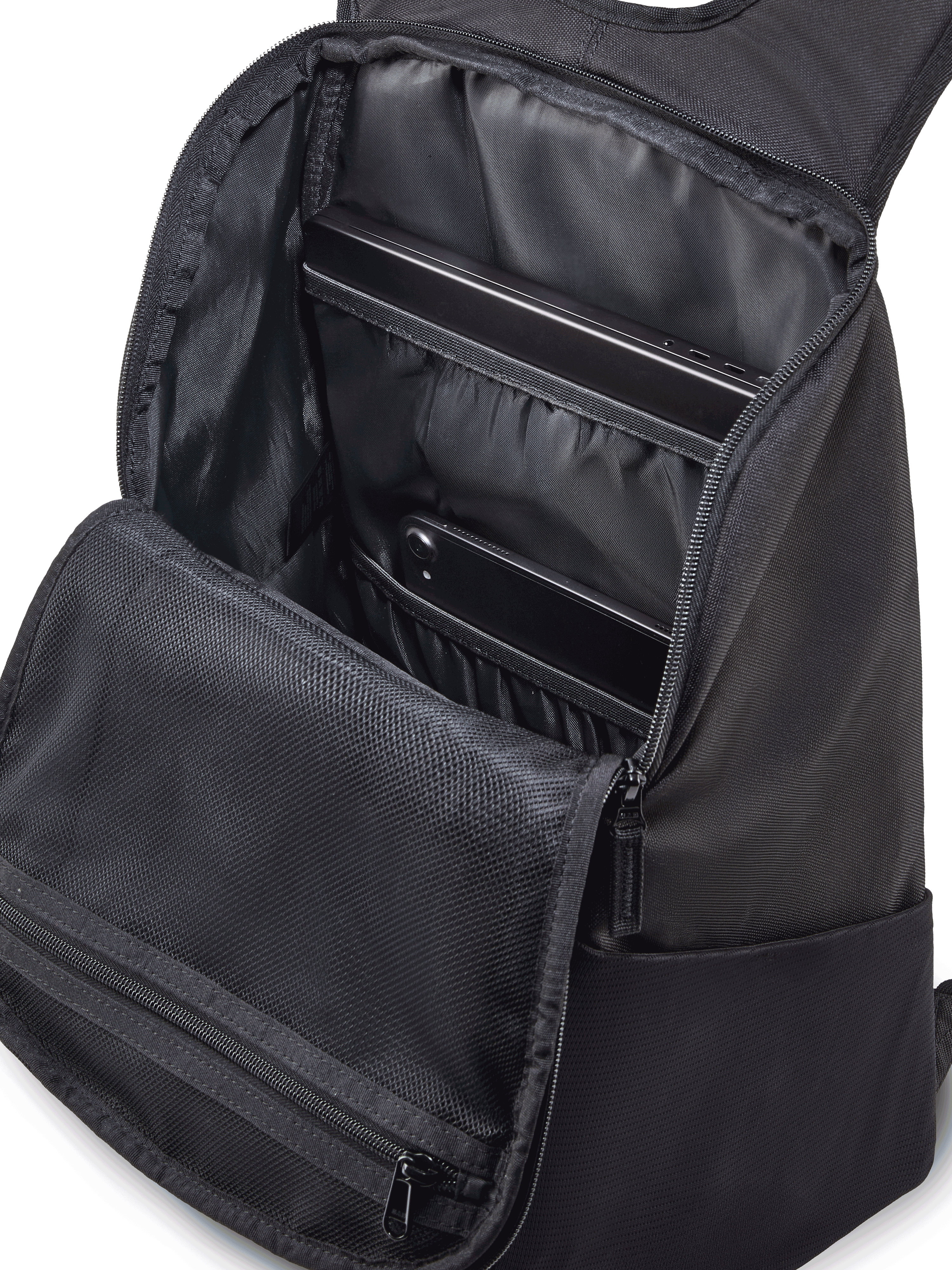 Alpinestars Defcon V3 Backpack, Daily Daypack, Black with Blue accents, durable 600D polyester, featuring printed branding, side mesh water bottle pockets, and padded shoulder straps, casual motorsport-inspired design