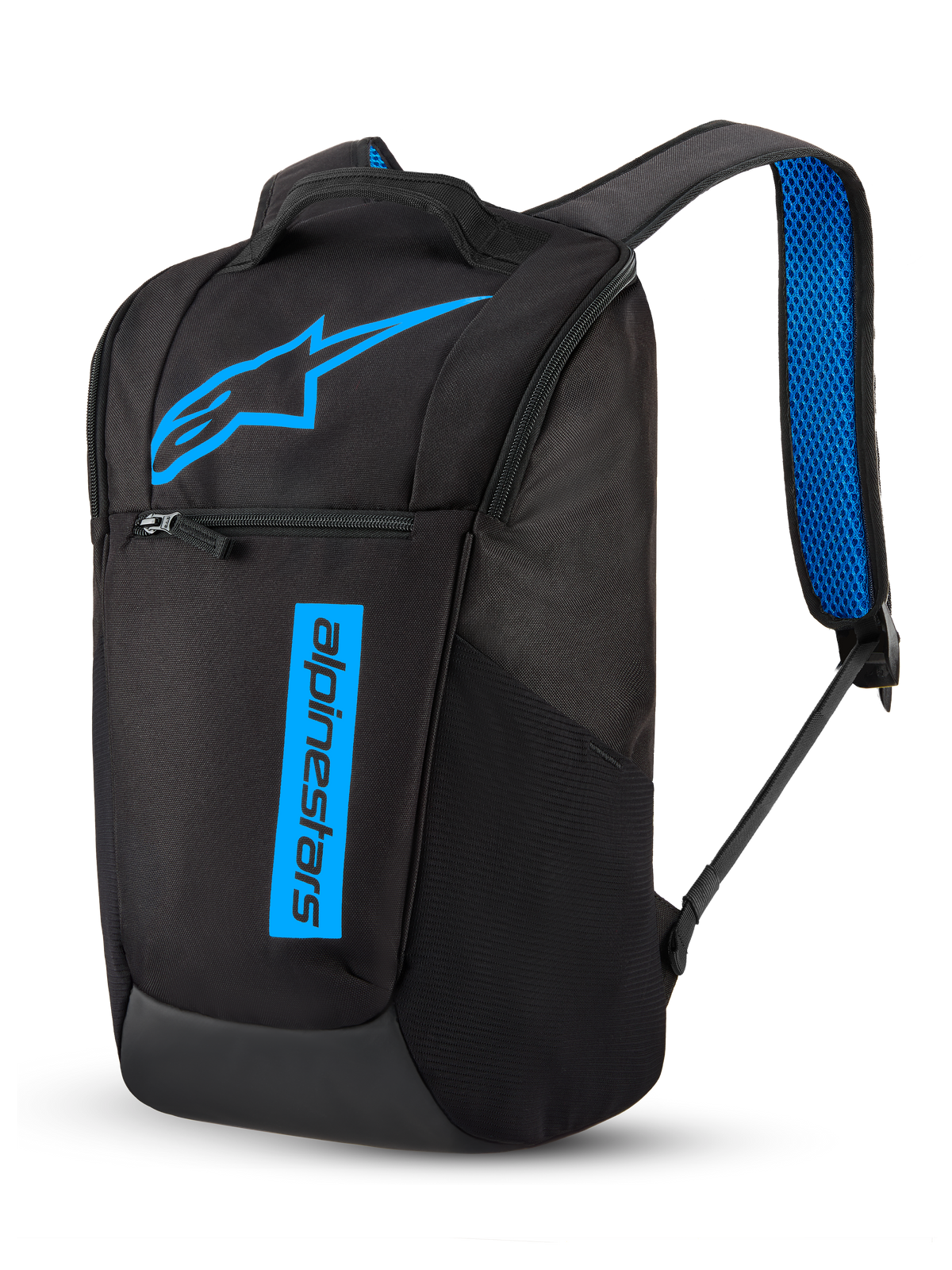 Alpinestars Defcon V3 Backpack, Sportswear and Commuter Daypack, Black and Blue, 13.6L capacity, durable 600D polyester construction, featuring printed branding and blue air mesh padded shoulder straps.