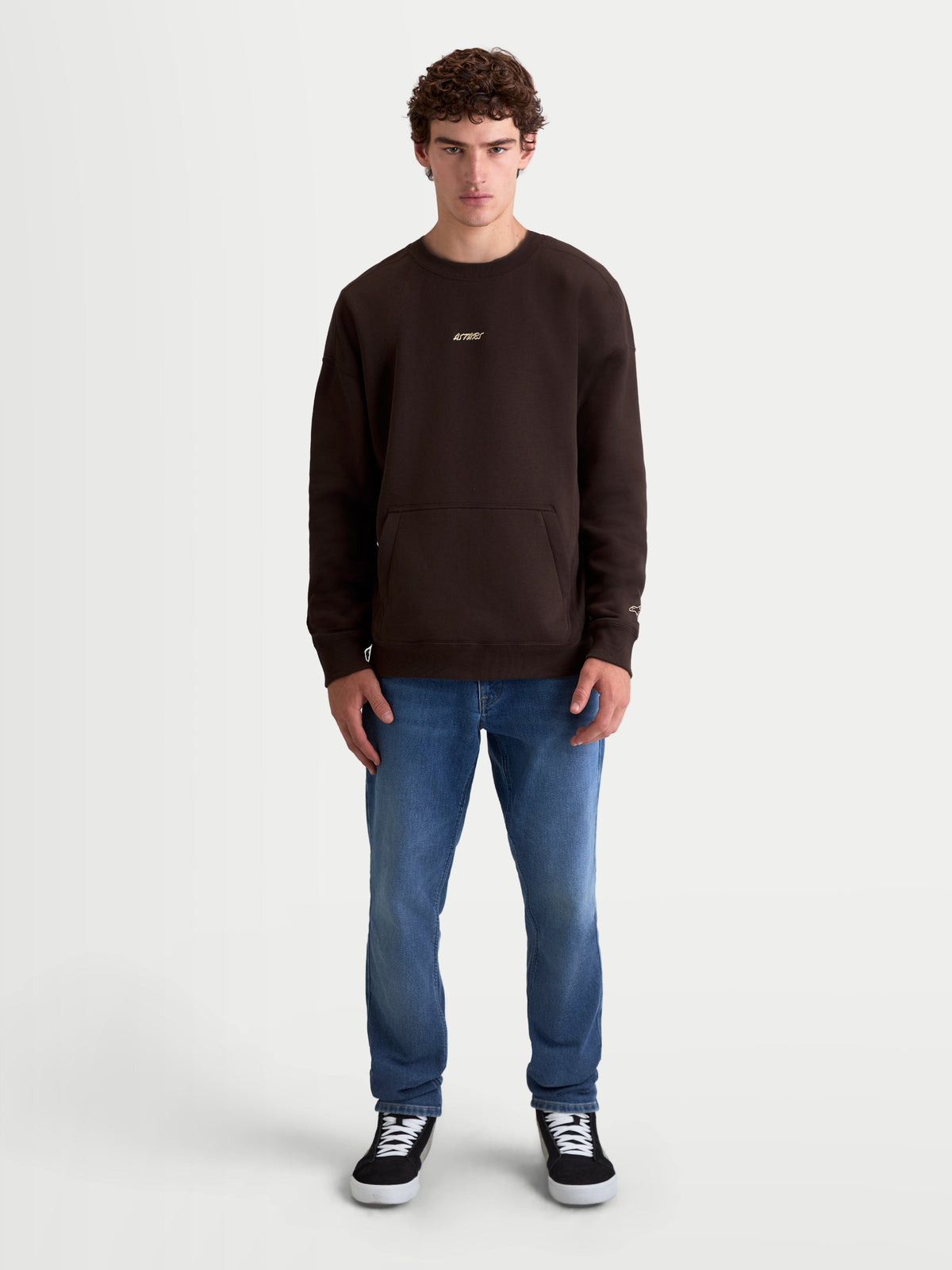 Alpinestars Guise Oversized Crew, Men's Sportswear Pullover, Brown, featuring an oversized fit with a kangaroo pocket and embroidered Astars logo, relaxed lifestyle sweatshirt for everyday comfort.