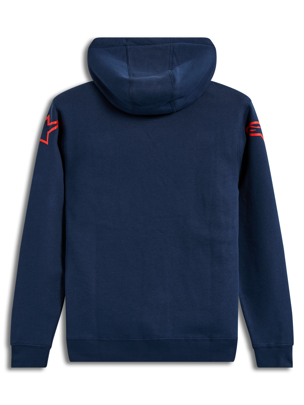 Alpinestars Velocifier Hoodie, back view of navy blue sportswear fleece with orange shoulder logos and rib-knit cuffs.