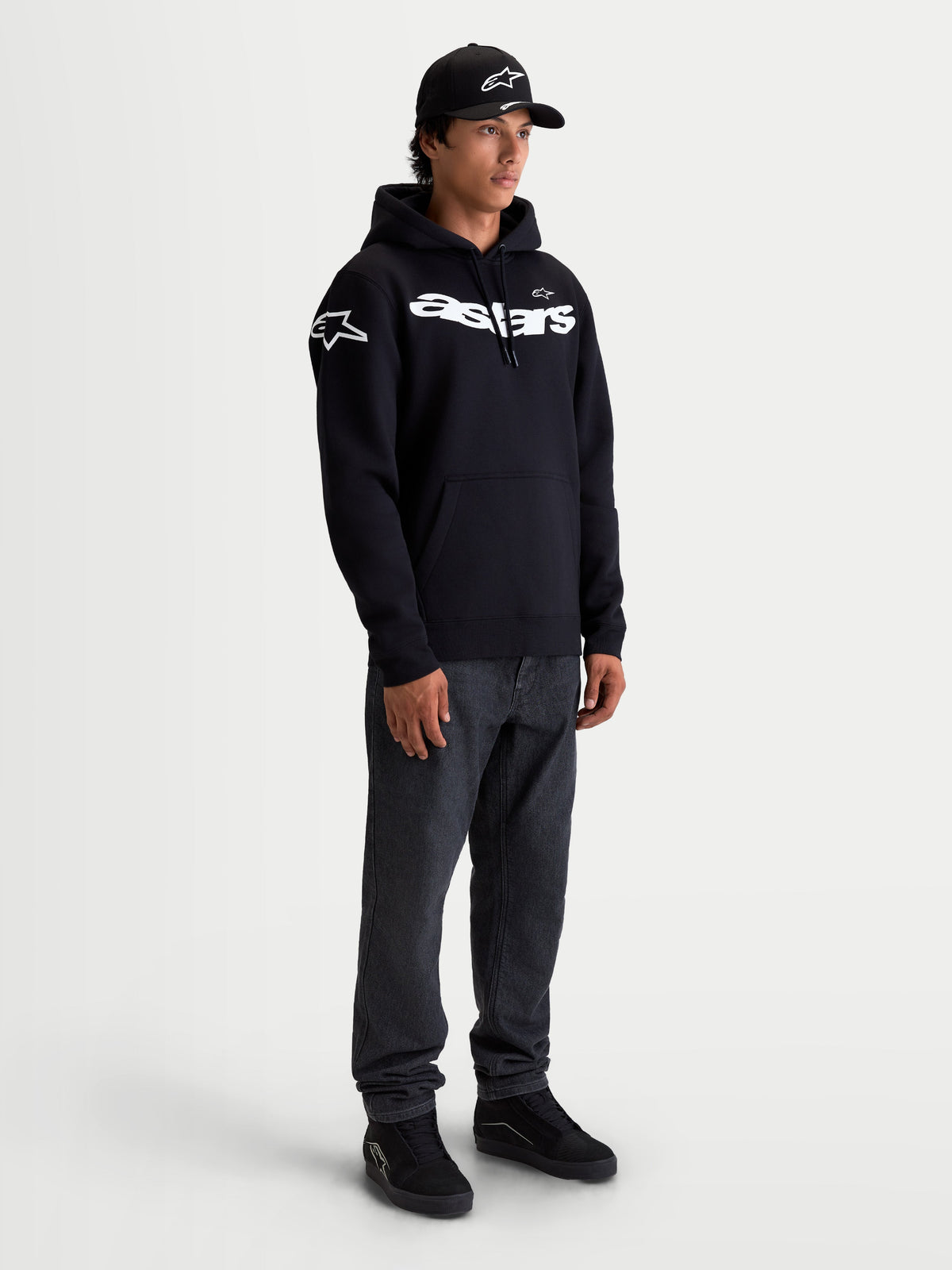 Alpinestars Velocifier Hoodie, Men's Sportswear Pullover Fleece, Black and White, featuring a curved Astars wordmark on the chest and logos on the shoulders, premium cotton-blend construction for casual off-bike motorsport style