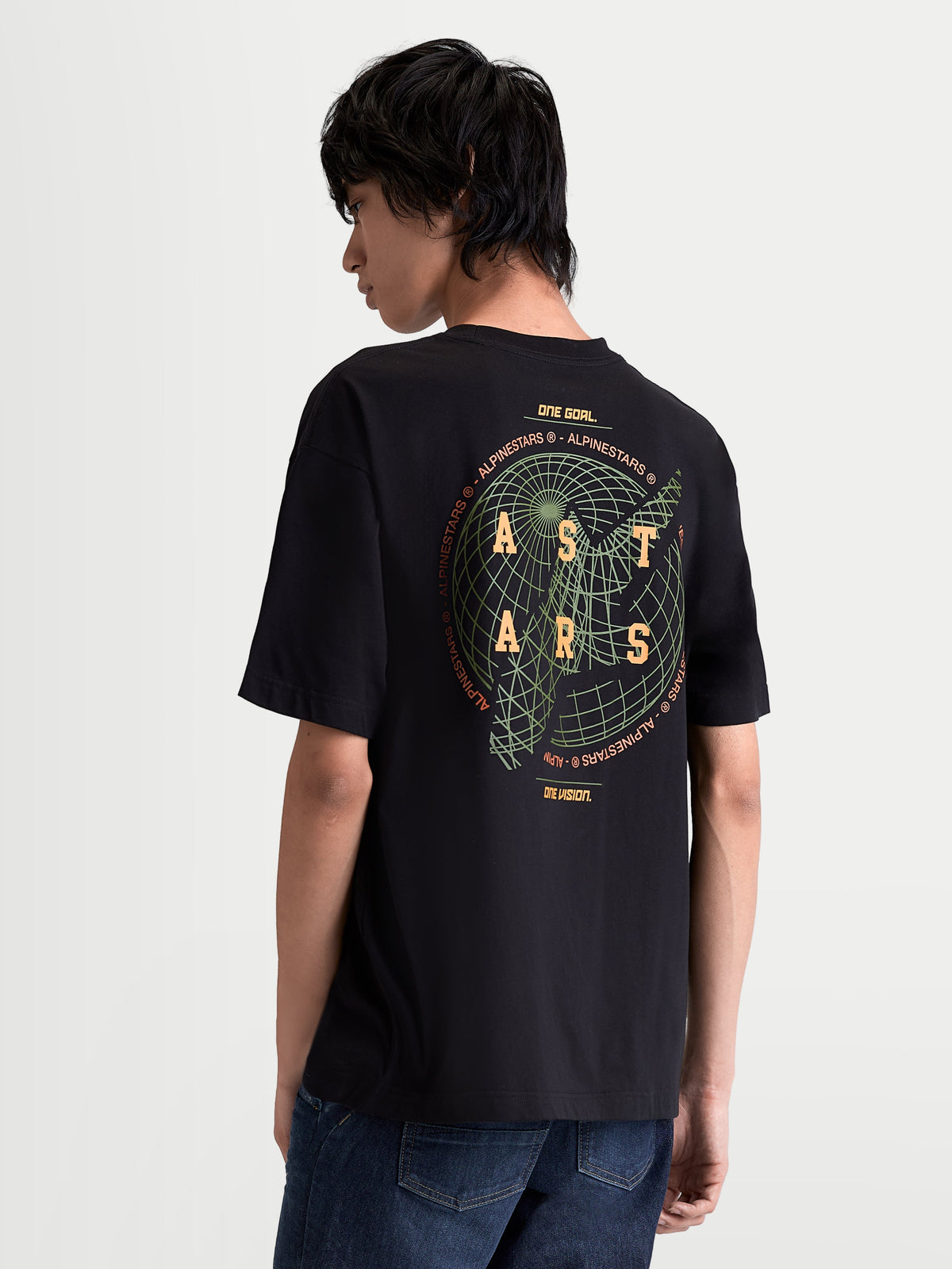Alpinestars Latitude Oversized CSF Tee, Casual Sportswear T-Shirt, Unisex, Black with Large Green and Orange Back Graphic featuring a Globe and AST ARS Branding, Soft Cotton-Poly Blend, Relaxed Oversized Fit for Everyday Wear