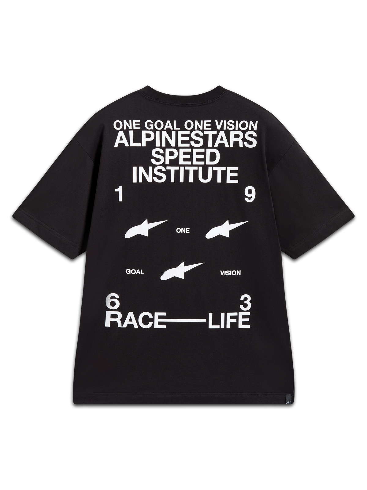 Alpinestars Institute Oversized CSF Tee, black short-sleeve sportswear shirt with bold white back graphics featuring Speed Institute branding and racing slogans.