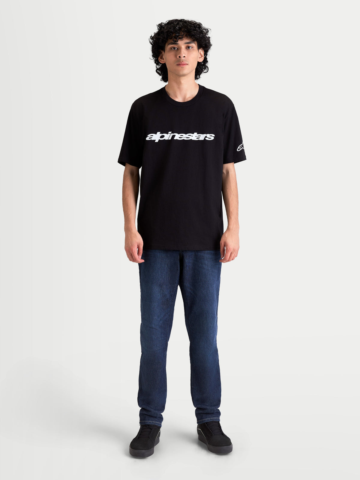 Alpinestars Race Wordmark CSF Tee, Men's Short Sleeve Sportswear T-Shirt in Black and White, featuring a bold Alpinestars wordmark on the chest and an Ageless logo on the sleeve, casual motorsport-inspired apparel.
