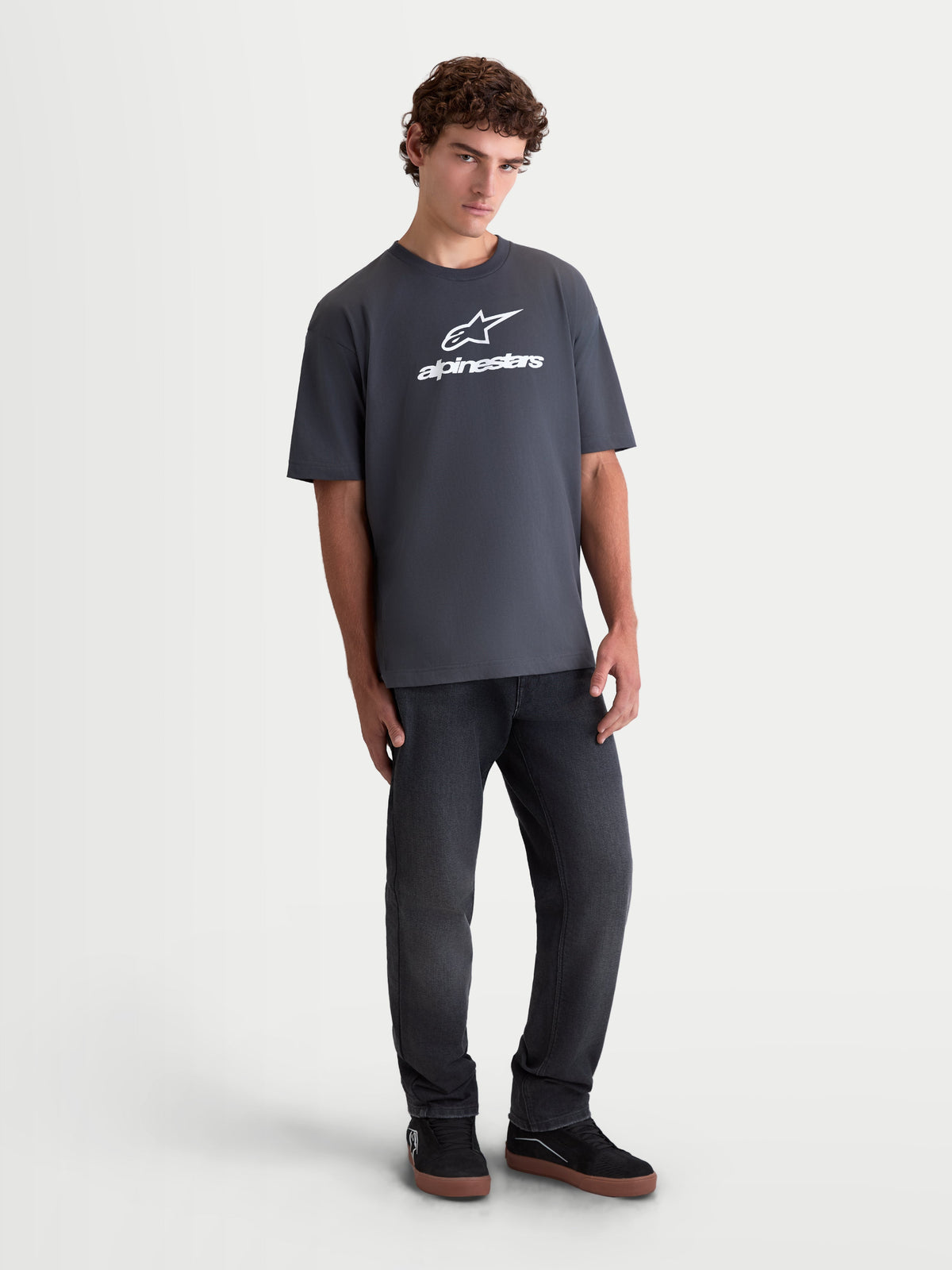 Alpinestars Prelude Oversized CSF Tee, Short Sleeve Sportswear T-Shirt, Charcoal Gray, White Front Astars Logo Graphic, Relaxed Fit, 60/40 Cotton-Poly Blend Material, Casual Lifestyle Wear
