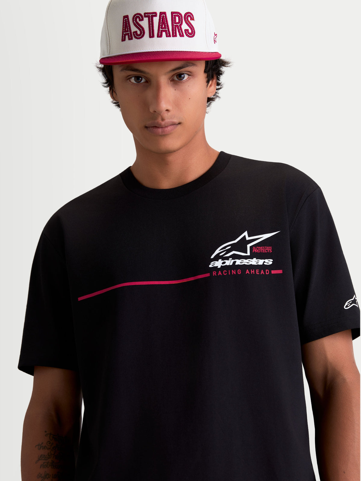Alpinestars P1 CSF Tee, Short Sleeve Sportswear T-Shirt, Unisex, Black, featuring a race stripe logo graphic with a soft-hand print finish, 60/40 cotton-poly blend construction.