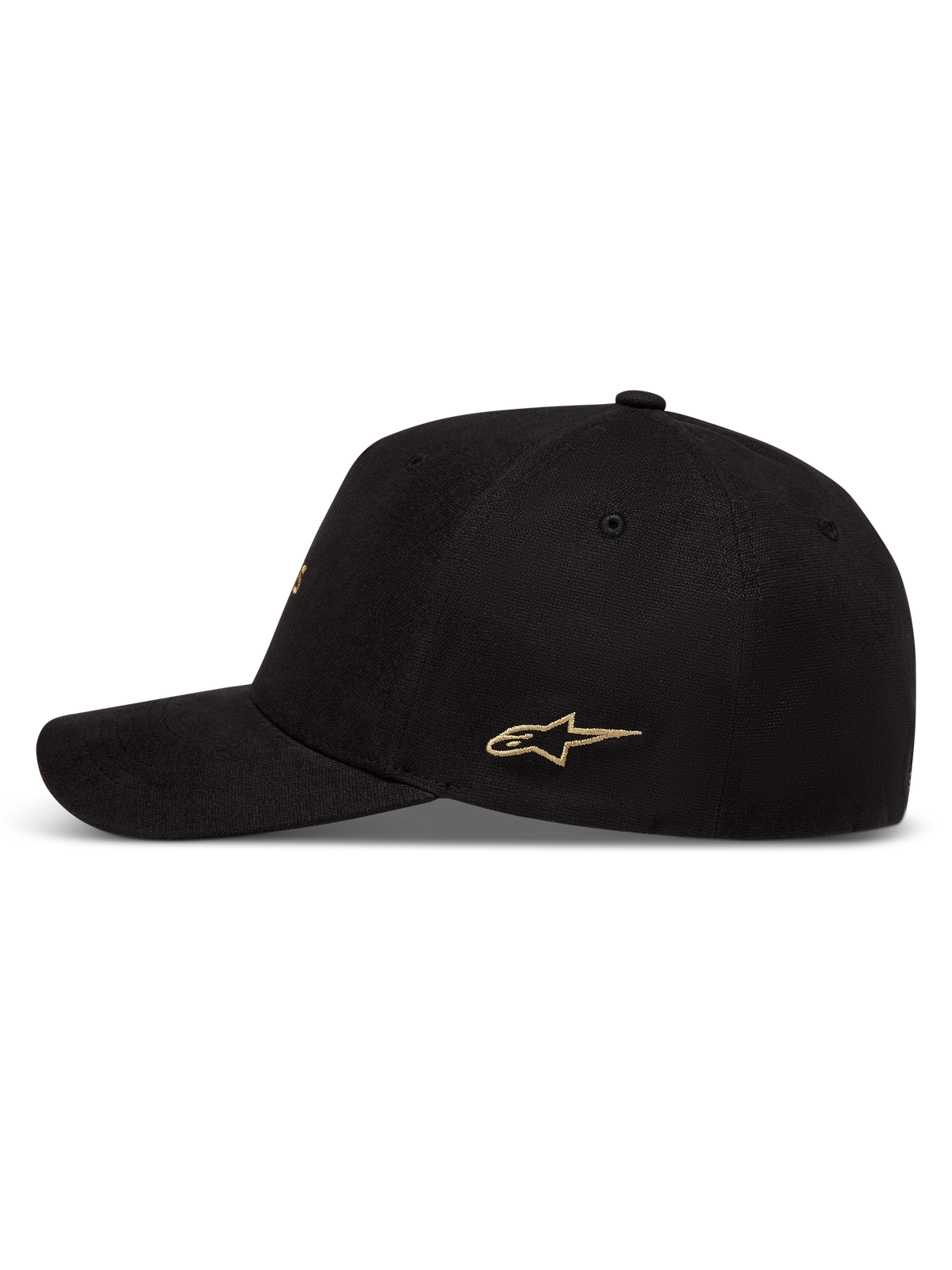 Alpinestars County Canvas Hat, black curved bill sportswear cap with structured crown and gold side logo.