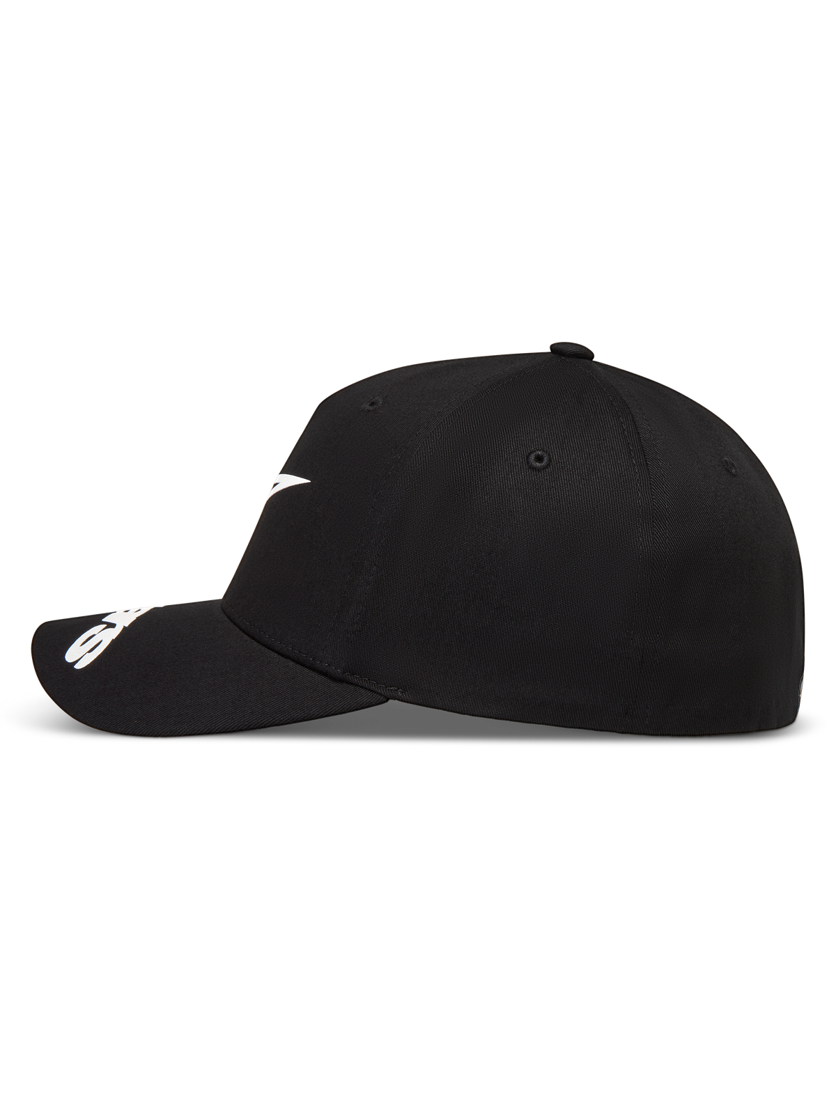 Alpinestars Arclight Hat, Black Sportswear Baseball Cap, side view with white logo, curved bill, and structured crown.