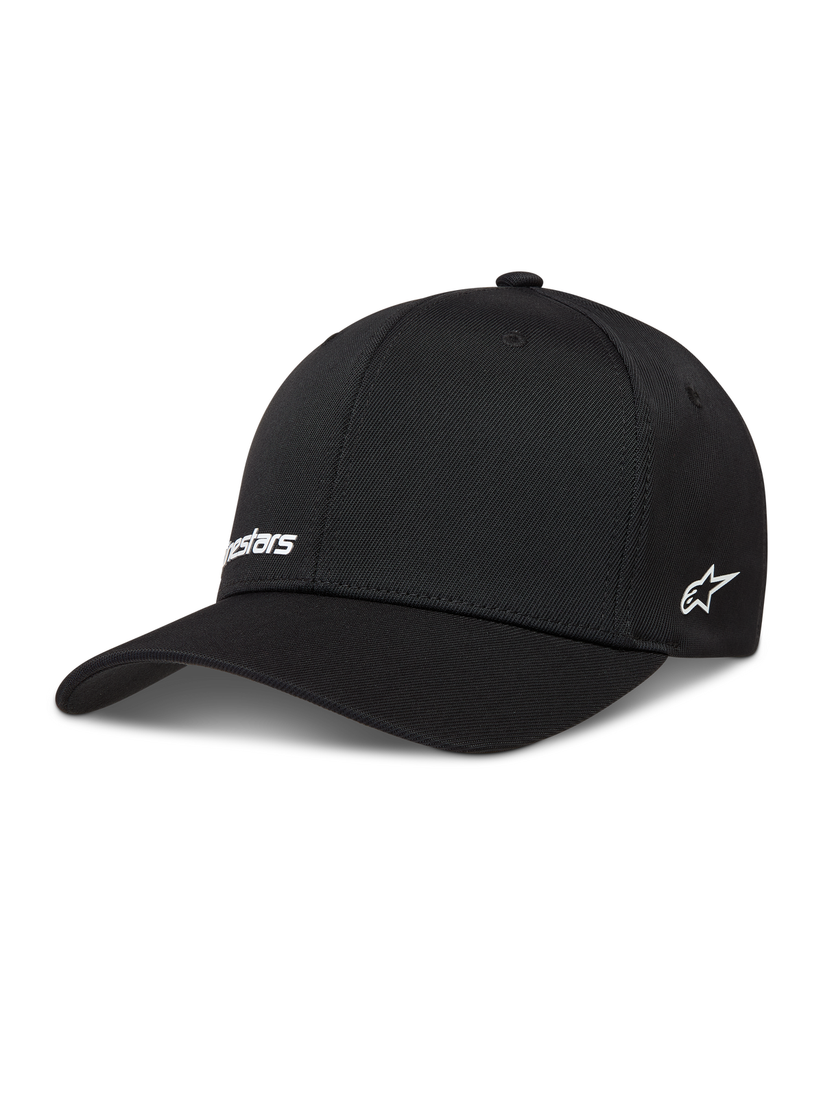 Alpinestars Points Hat, black nylon tactel sportswear cap featuring white HD print logos and flex back fit.
