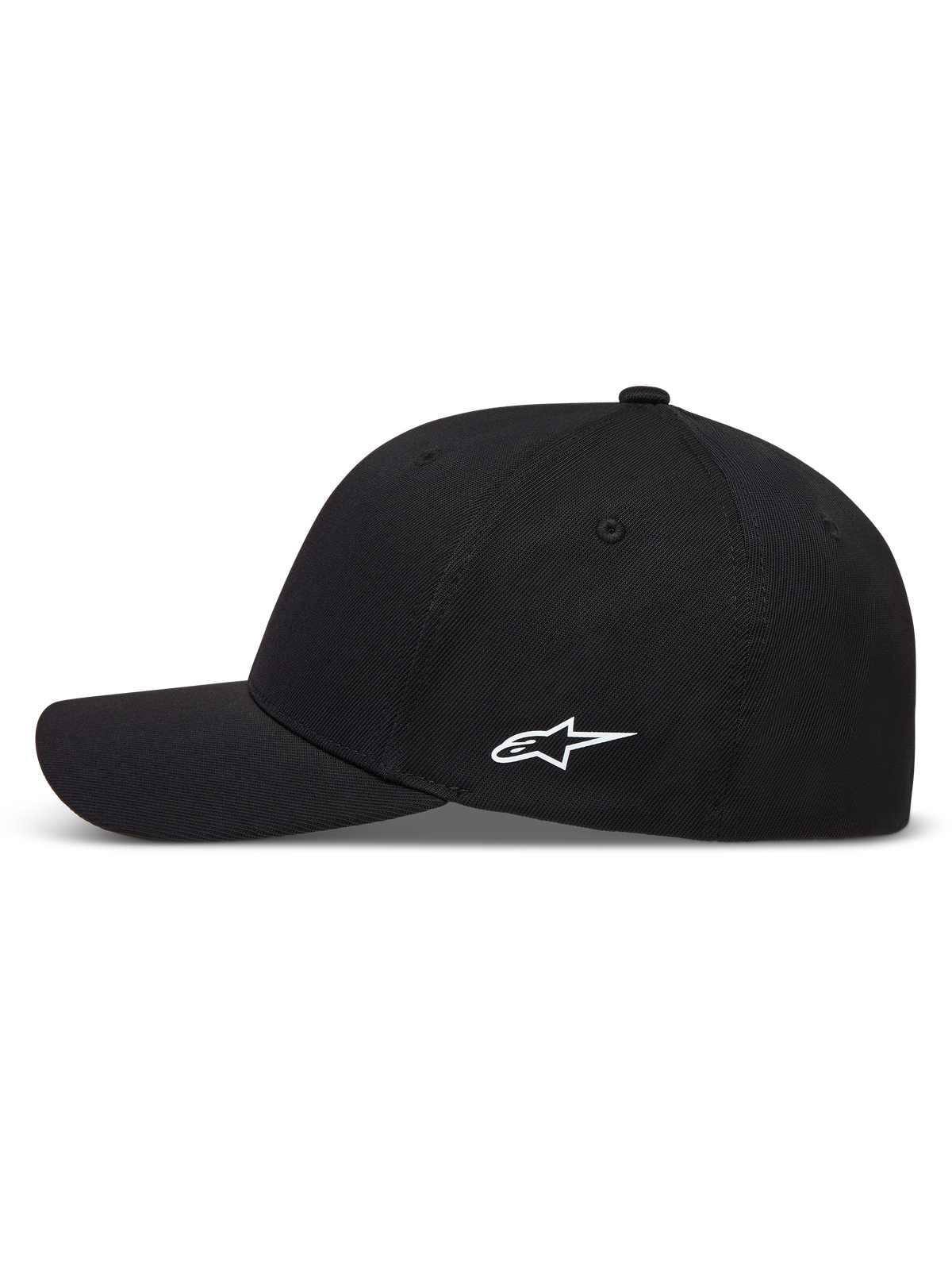 Alpinestars Points Hat, black sportswear baseball cap with a white HD print side logo and curved brim, made from nylon tactel.