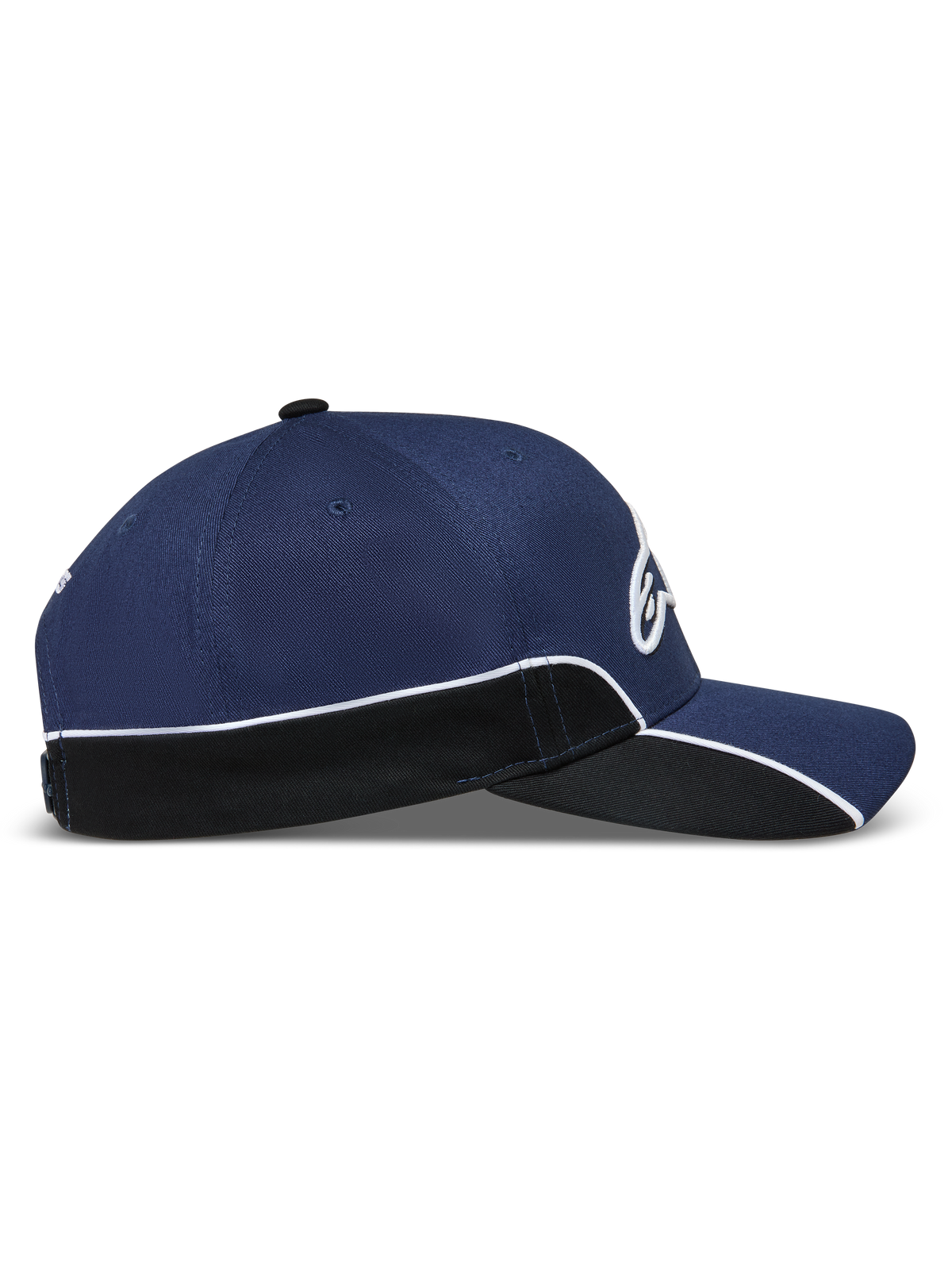 Alpinestars 500 Snapback Hat, Unisex Motorsport-inspired Sportswear Baseball Cap, Navy Blue and Black, featuring a structured crown, curved bill, white contrast piping, and 3D Astars embroidery, side view.