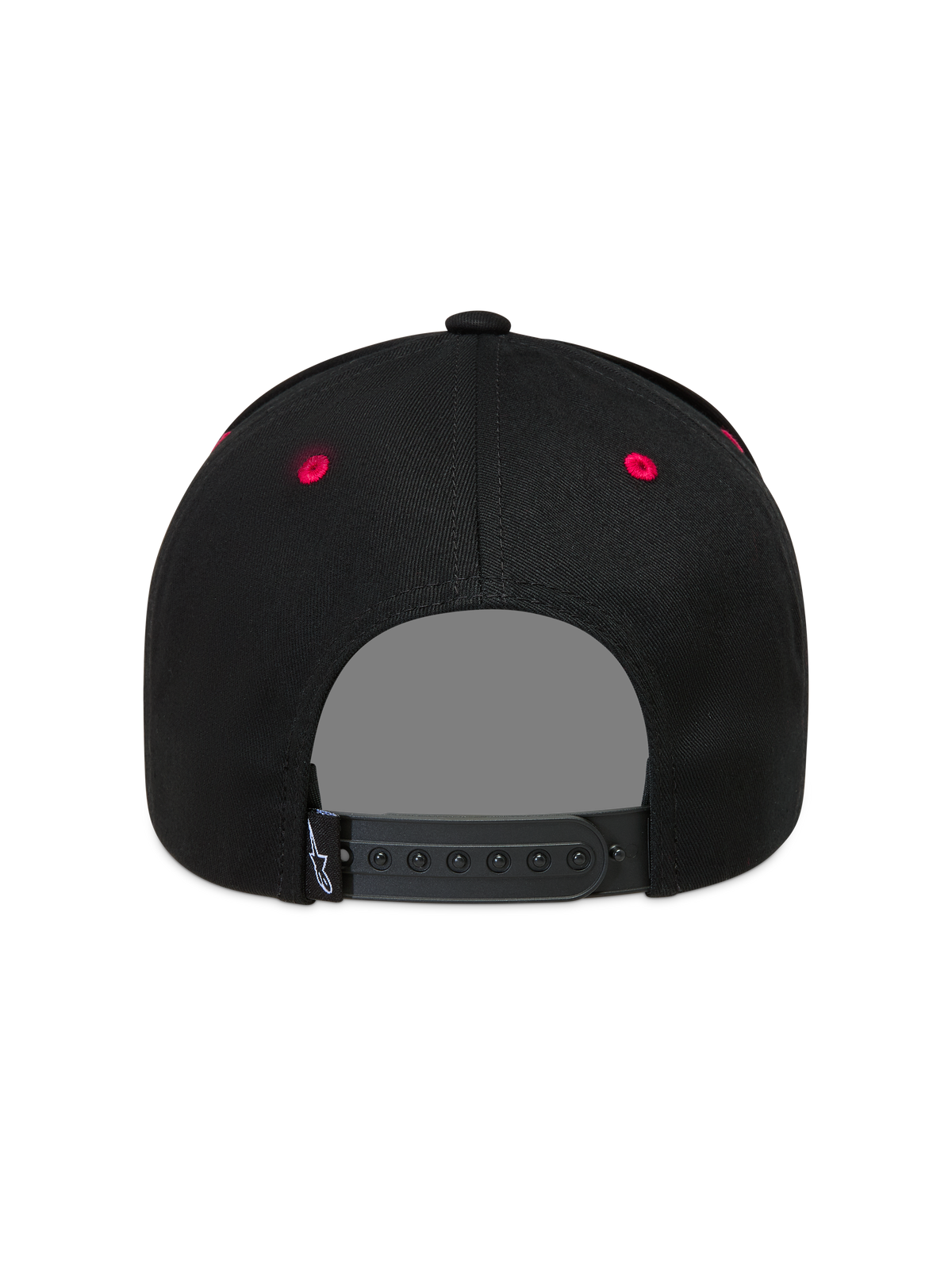 Alpinestars Retro Snapback Hat, Black and Red Sportswear Cap, back view with adjustable snapback strap and red eyelets.