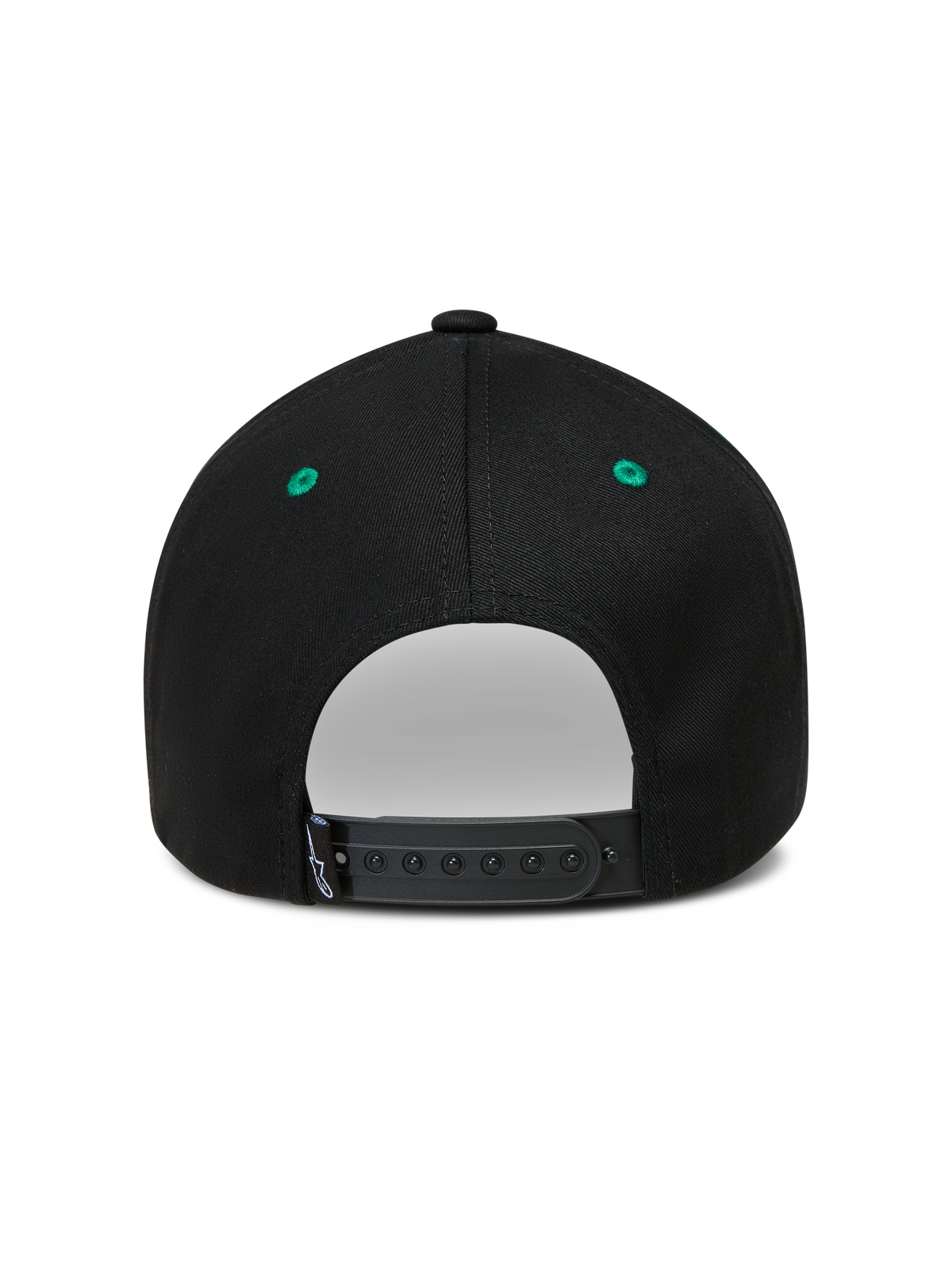 Alpinestars Retro Snapback Hat, Sportswear Baseball Cap, Black and Green, Adjustable Snapback Closure, Back View.