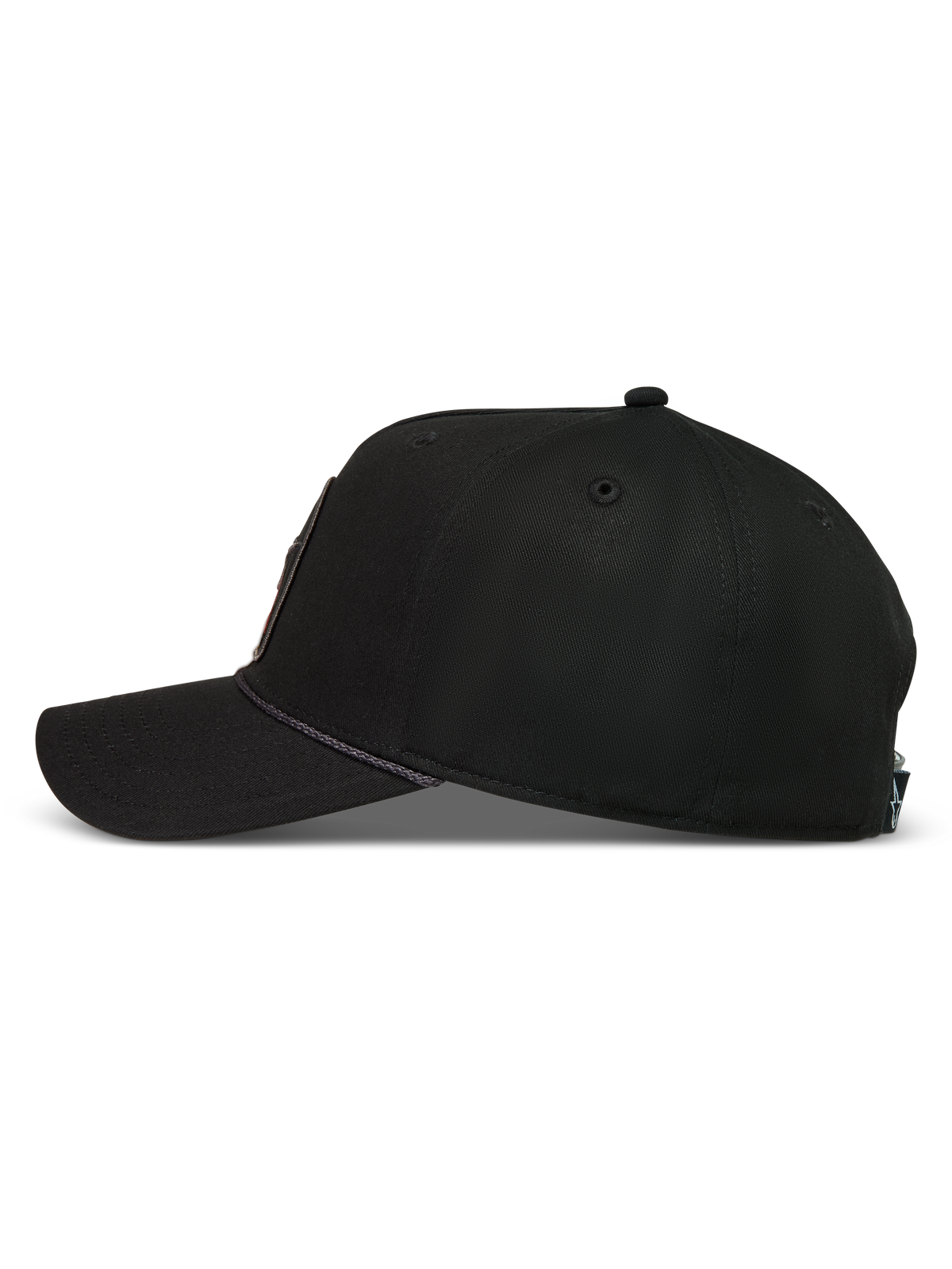 Alpinestars Acme Snapback Hat, Black Sportswear Cap featuring a Structured Crown, Curved Bill, and unique Rope Trim detail.