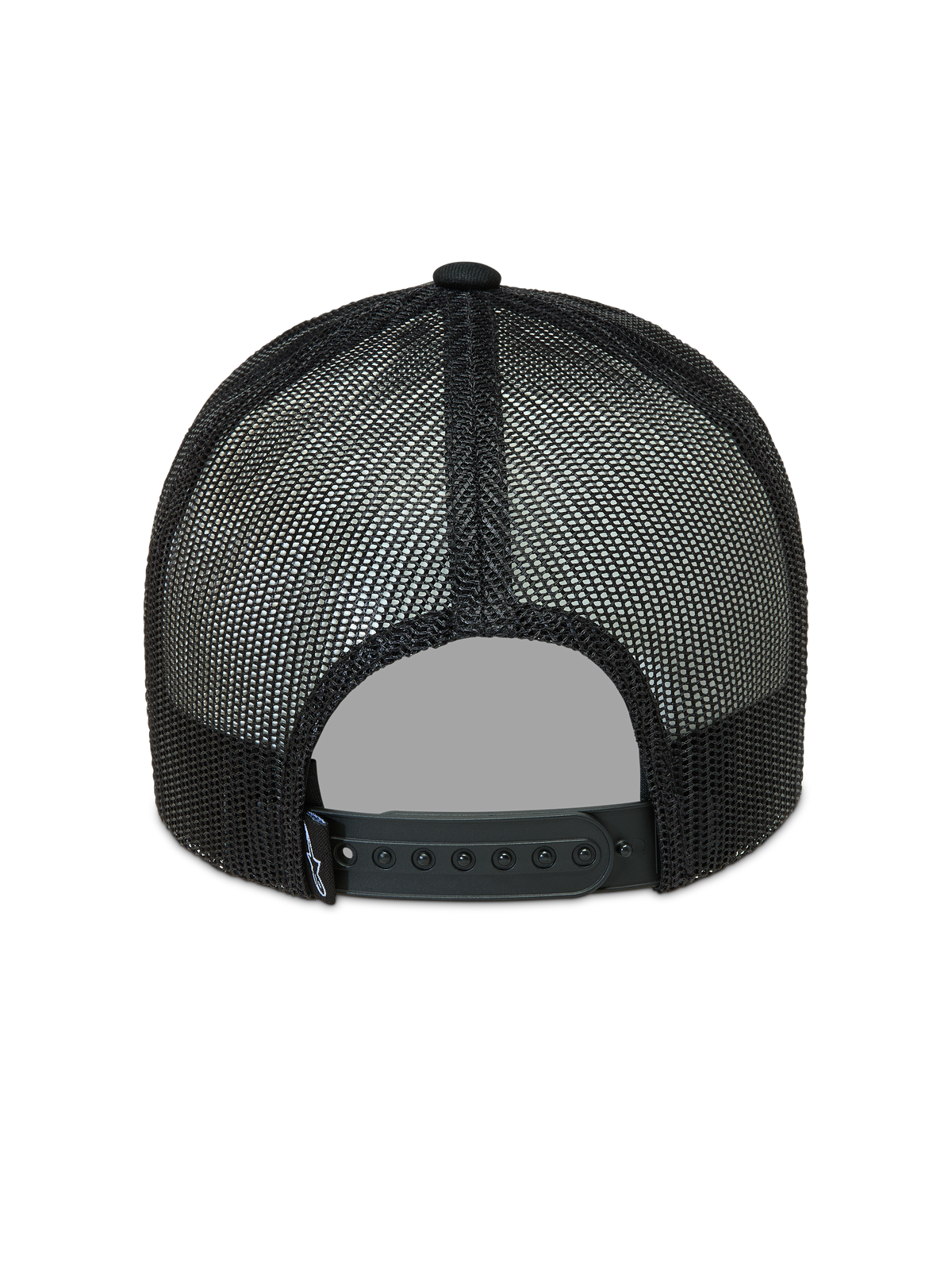 Alpinestars Hemmings Trucker Hat, black sportswear cap featuring breathable poly mesh panels and an adjustable snap-back.