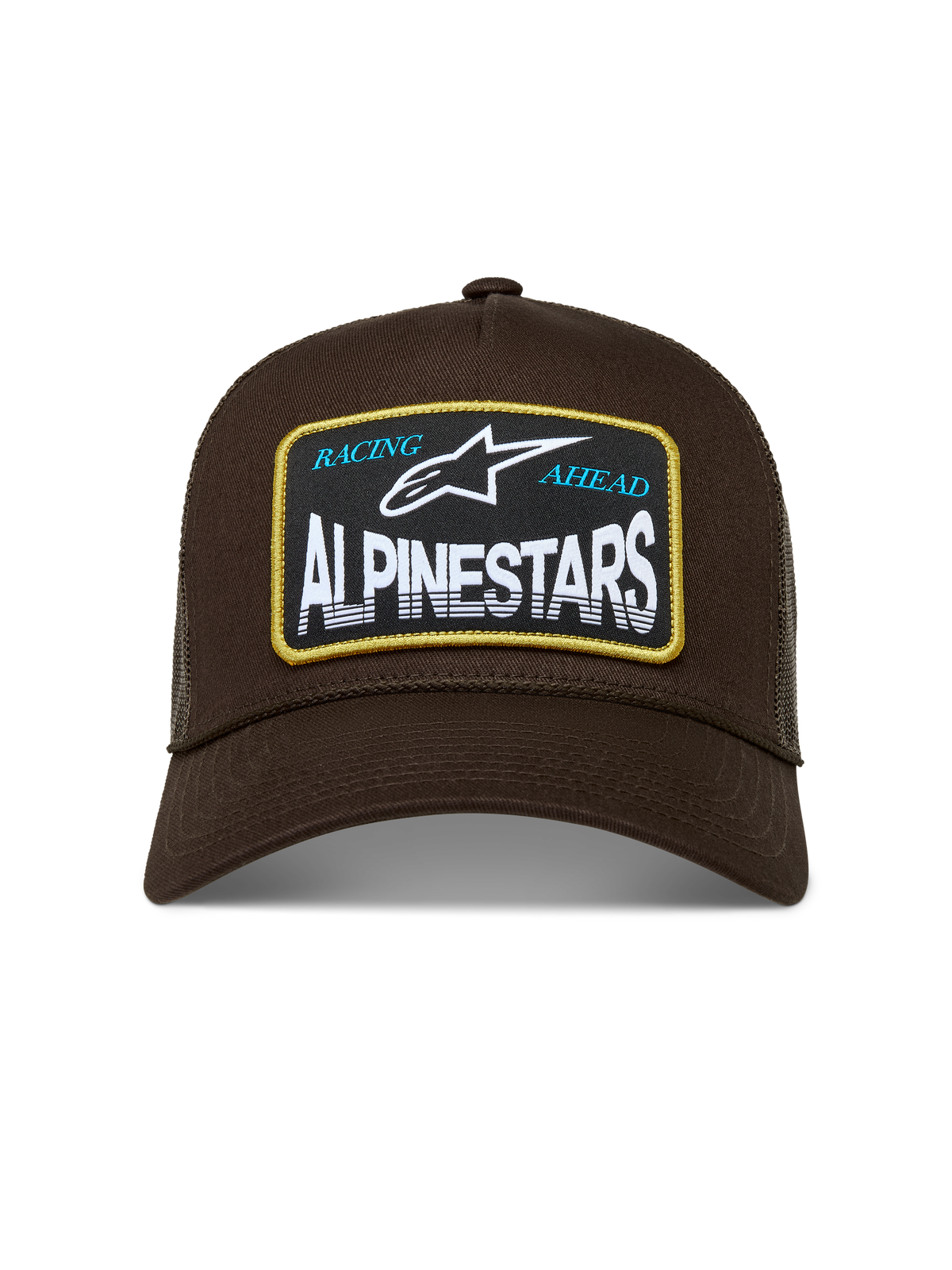Alpinestars Hemmings Trucker Hat, brown sportswear cap with a woven Alpinestars Racing Ahead logo patch and mesh back.