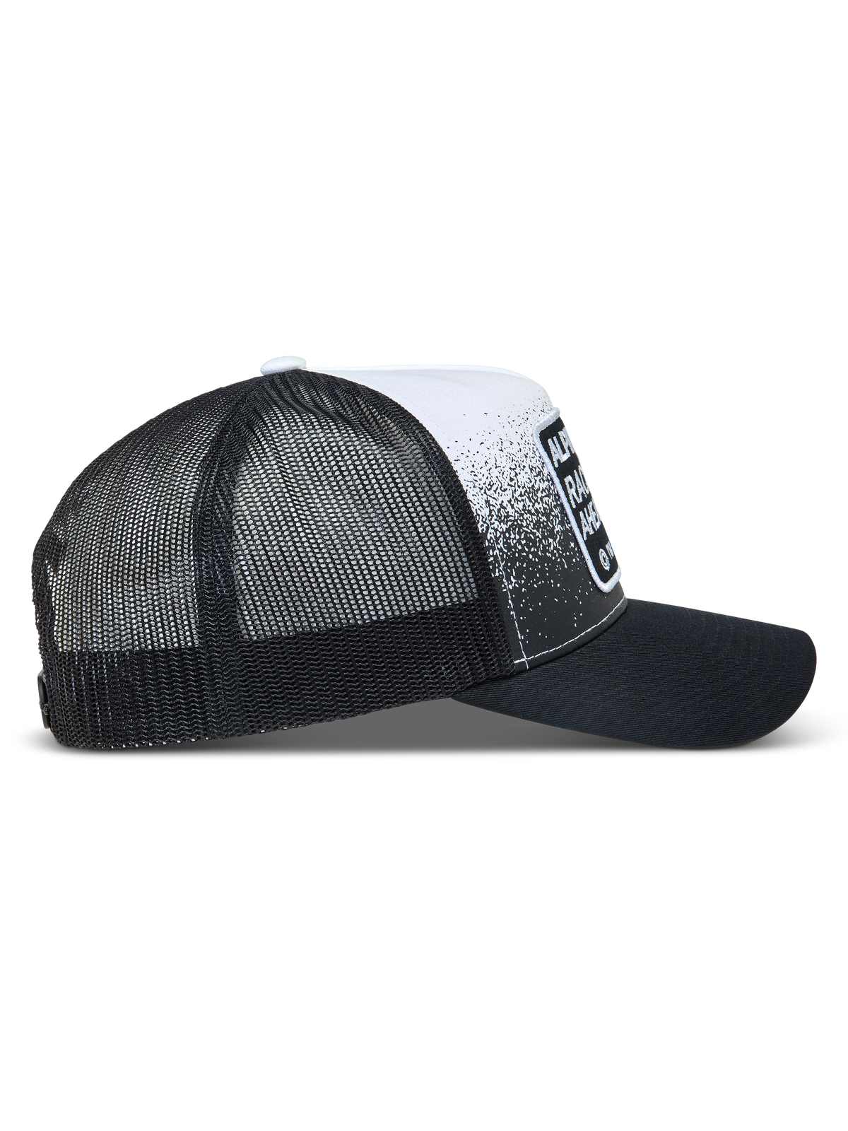 Alpinestars Gravel Trucker Hat, Black and White Sportswear Cap with mesh back, curved bill, and race-inspired gravel print.