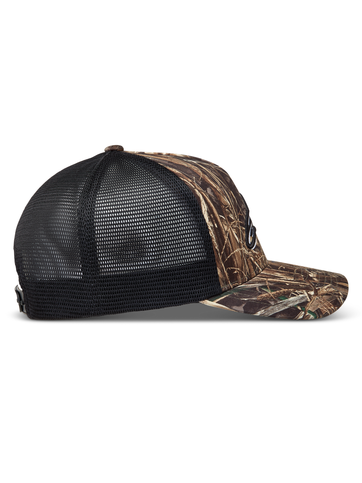 Alpinestars Thicket Realtree Trucker Hat in Camo and Black, side view featuring a curved bill and breathable mesh back.