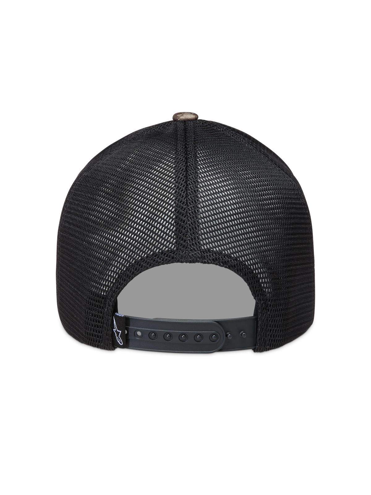 Alpinestars Thicket Realtree Trucker Hat, black mesh sportswear cap with an adjustable snapback closure, rear view.