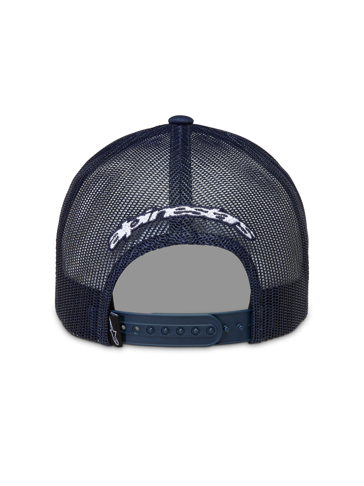 Alpinestars Meteorite Trucker Hat, Navy Blue mesh back sportswear cap with white embroidered logo and snapback closure.