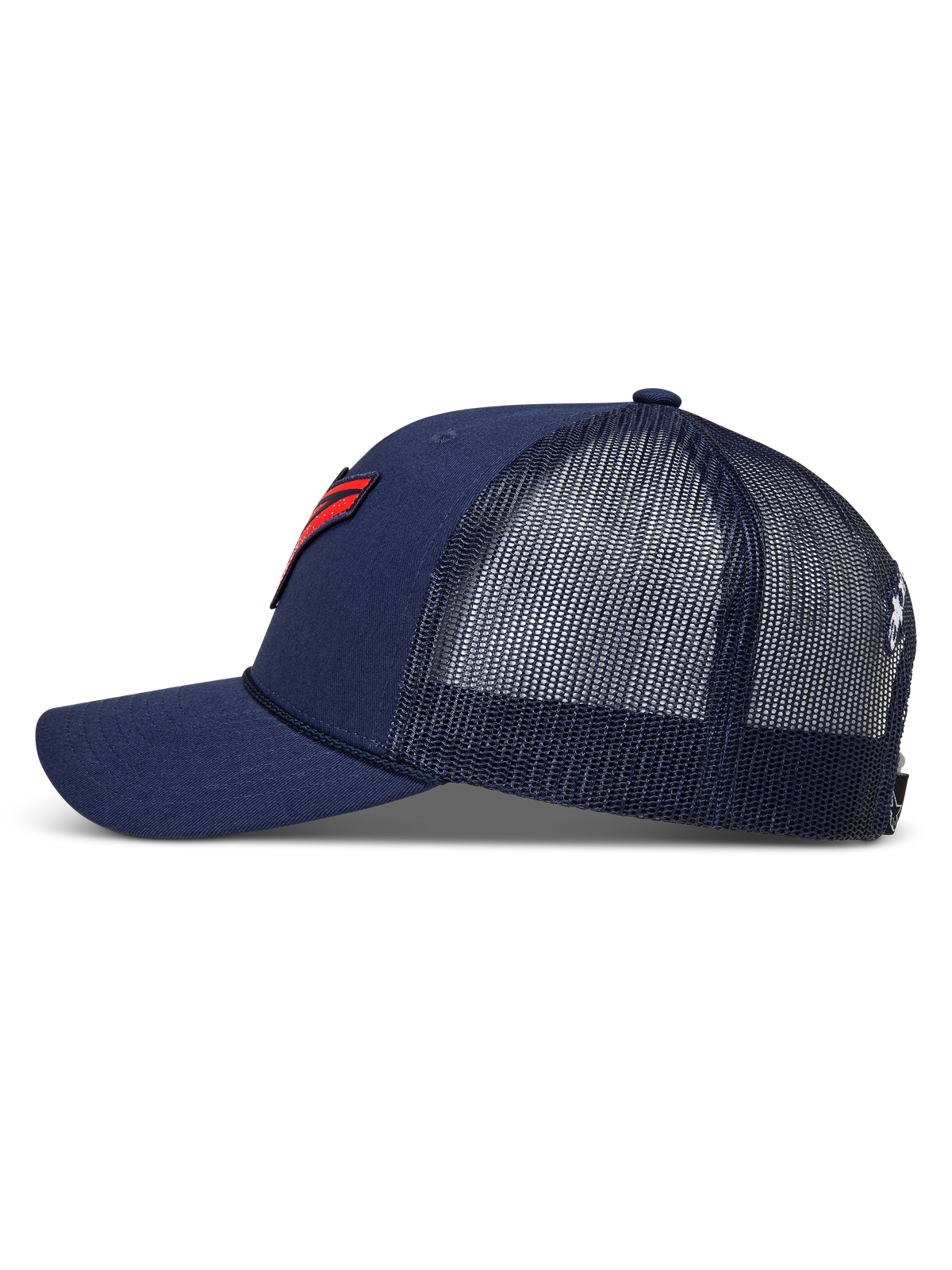 Alpinestars Meteorite Trucker Hat, navy blue sportswear cap with a mesh back, curved bill, and red gravel texture logo patch.