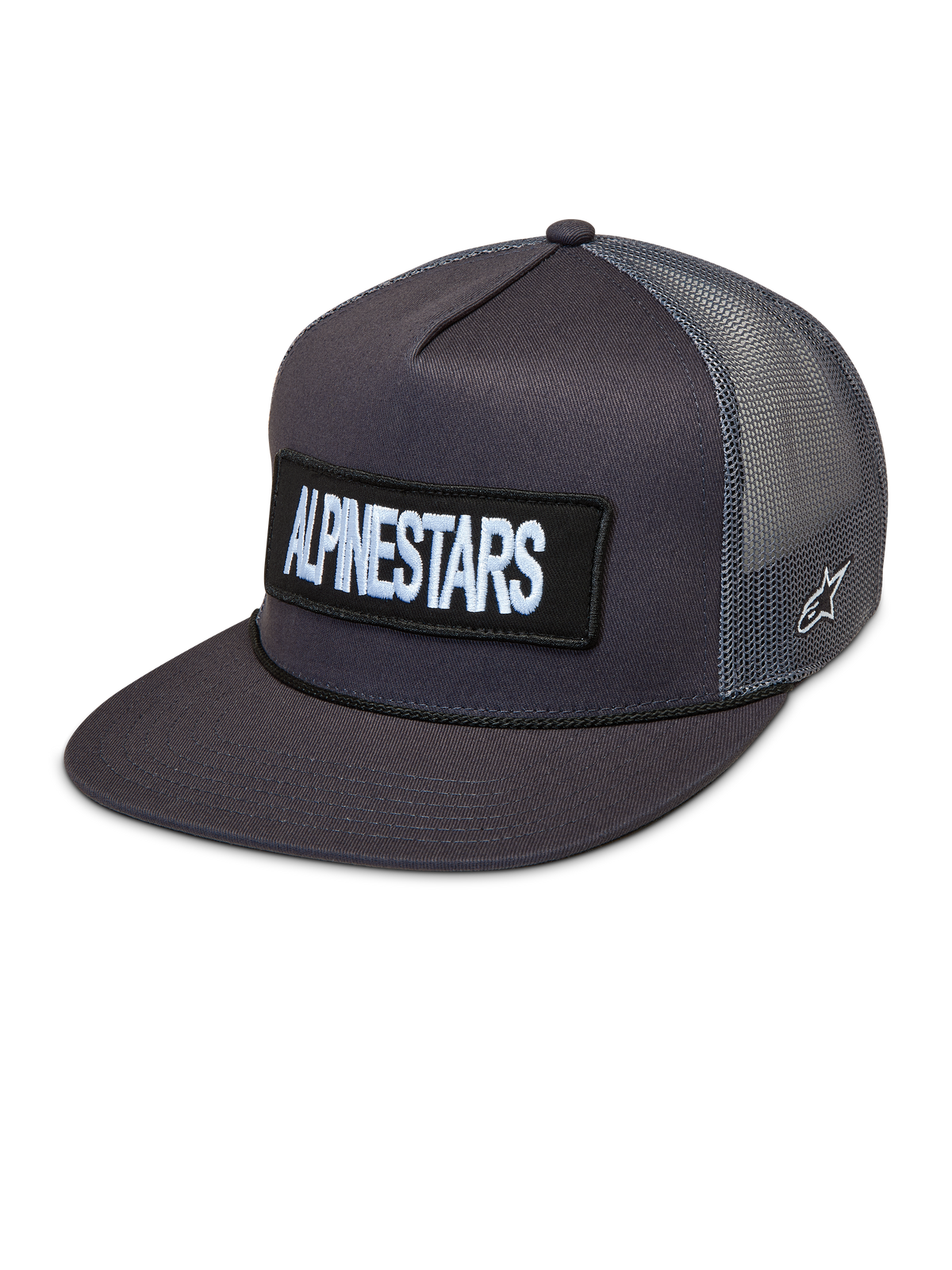 Alpinestars Ten Trucker Hat in dark grey, featuring a flat bill, front embroidered logo patch, and breathable mesh back panels.
