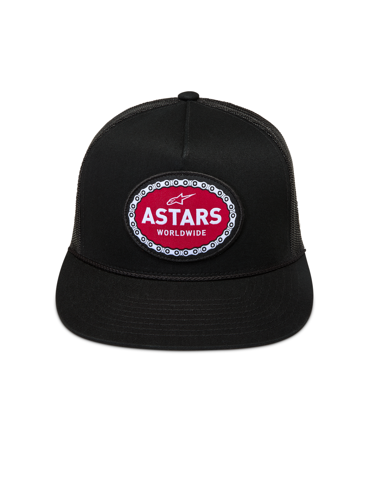 Alpinestars Hotlink Trucker Hat, Black Sportswear Snapback with Flat Bill and Red Woven Logo Patch.