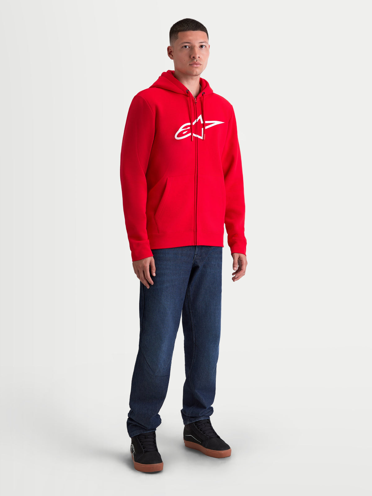 Alpinestars Ageless Zip V3 Hoodie, Red and White Men's Sportswear Zip-Front Fleece, featuring a prominent white chest logo, full-length zipper, and adjustable hood, shown on a model for casual daily wear.