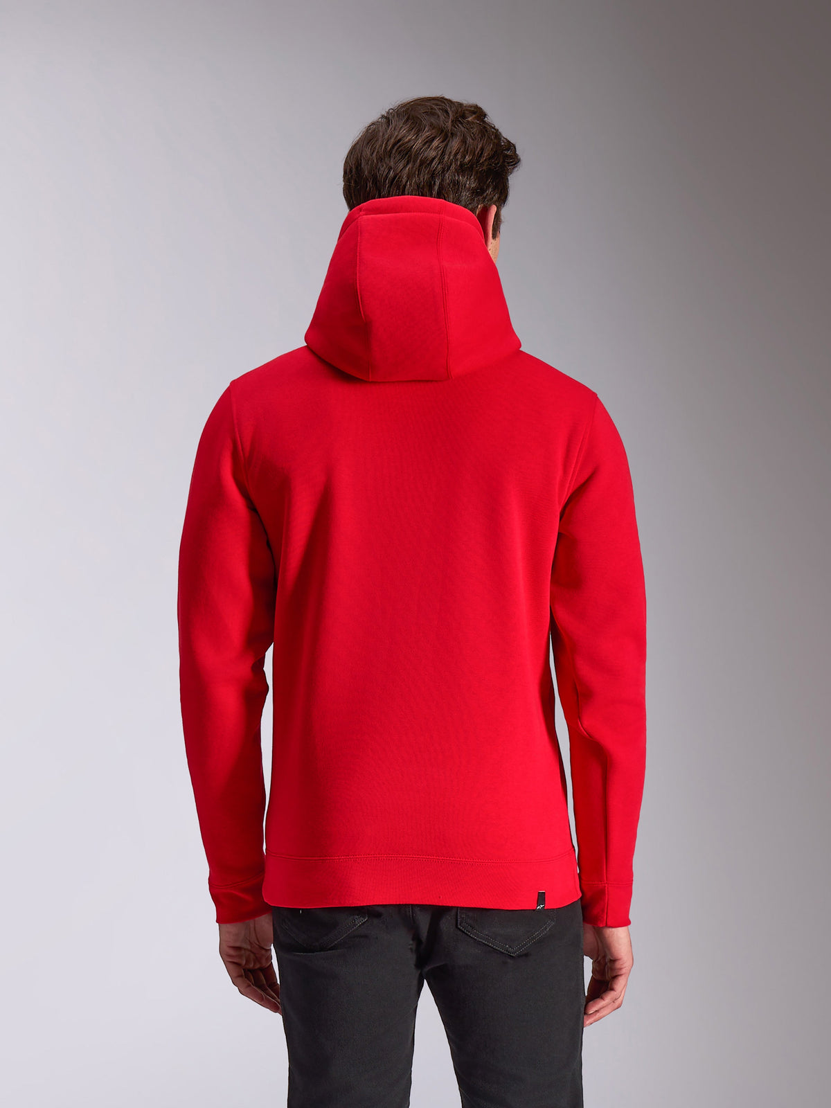Alpinestars Ride V3 Hoodie, casual motorsport streetwear, red pullover hoodie, back view, solid red color, ribbed cuffs and hem, jersey-lined hood