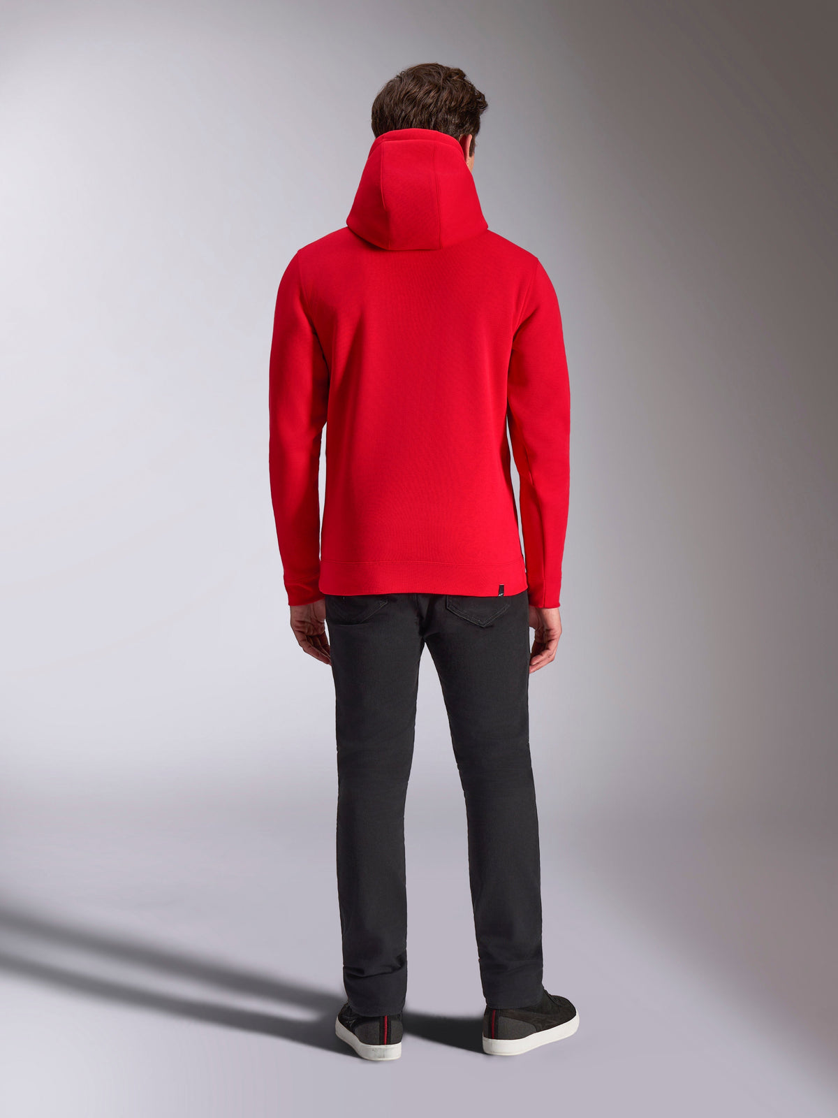 Alpinestars Ride V3 Hoodie, back view, solid Red, casual motorsport-inspired fleece hoodie, jersey-lined hood, ribbed cuffs and hem, paired with black pants and sneakers