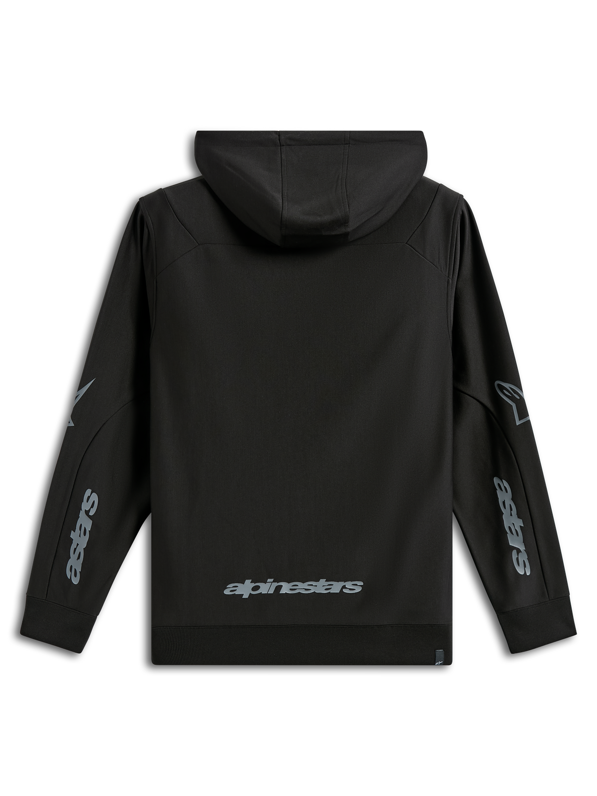 Alpinestars Sessions V3 Hoodie, casual sportswear, Black with gray branding, back view featuring Alpinestars wordmark on the lower back and Astars graphics on the sleeves, hooded poly fleece with ribbed cuffs, modern motorsport-inspired design