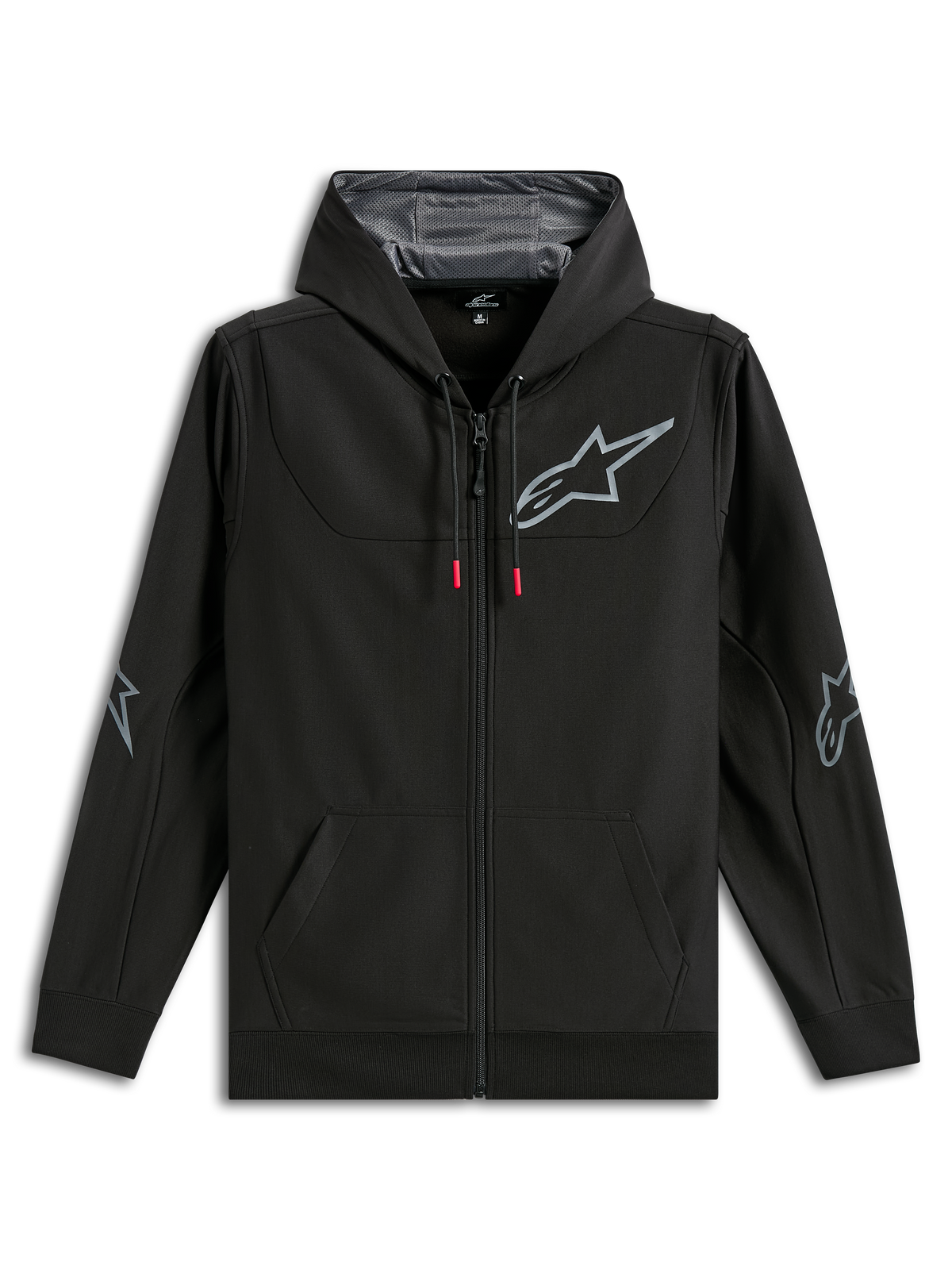 Alpinestars Sessions V3 Hoodie, full-zip black poly fleece hoodie, grey Alpinestars star logo on chest and elbows, red-tipped drawcords, mesh-lined hood, casual motorsport streetwear