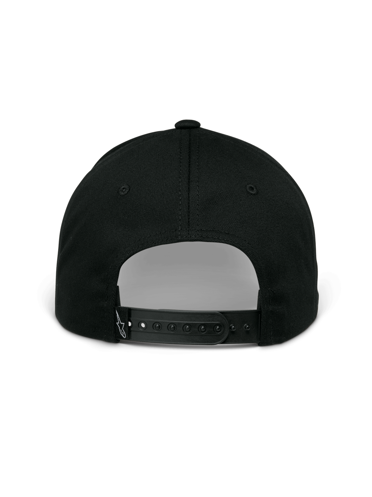 Alpinestars Profile Hat, Black, rear view showing adjustable snapback closure, structured crown, and small white embroidered logo on the back strap, casual sportswear.