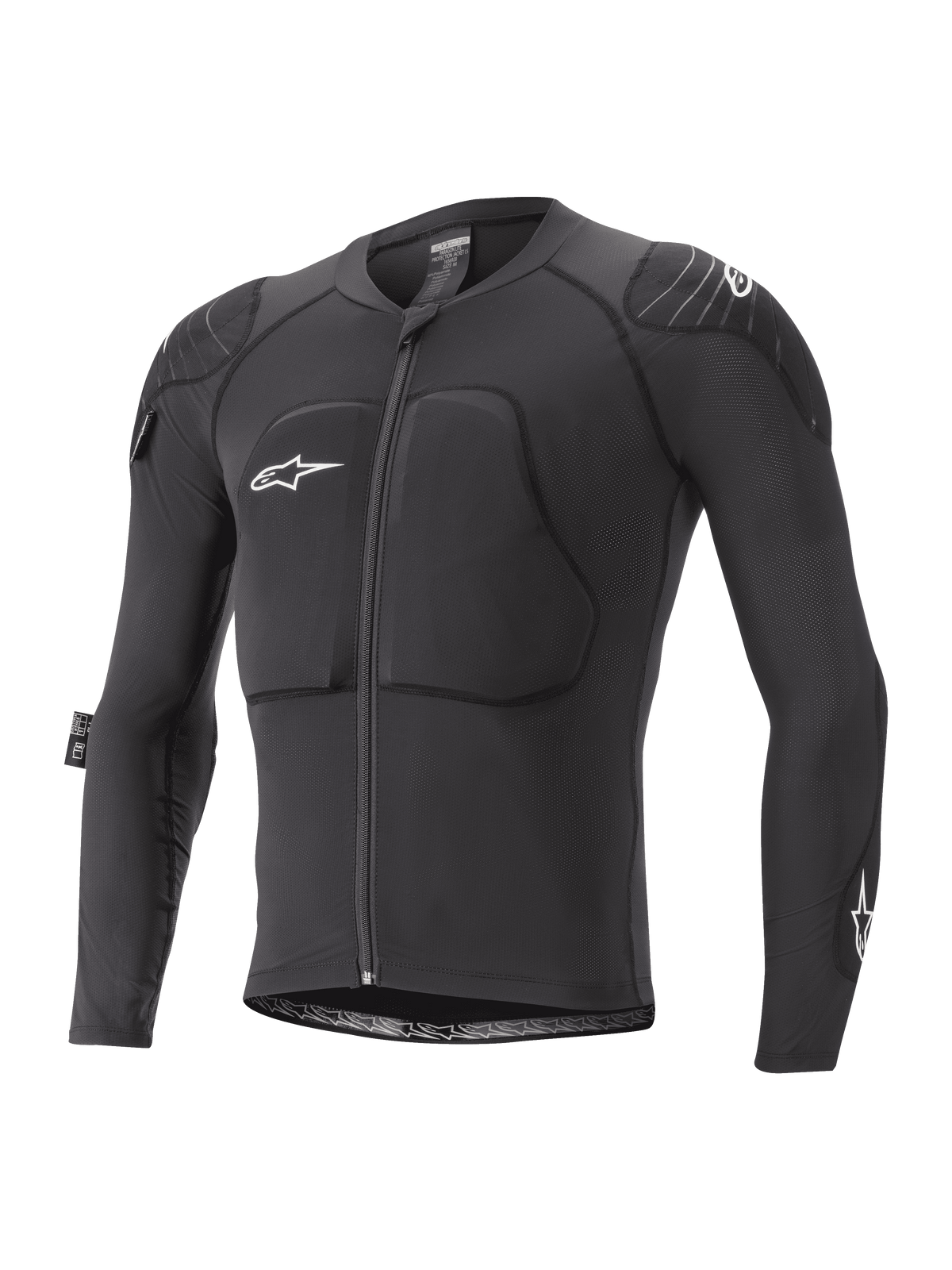 Alpinestars Youth Paragon Lite Protection Jacket, Long Sleeve MTB Protective Jacket, Black with white logos, front zipper, padded chest and shoulder protection, breathable mesh sleeves, lightweight flexible design for youth mountain biking