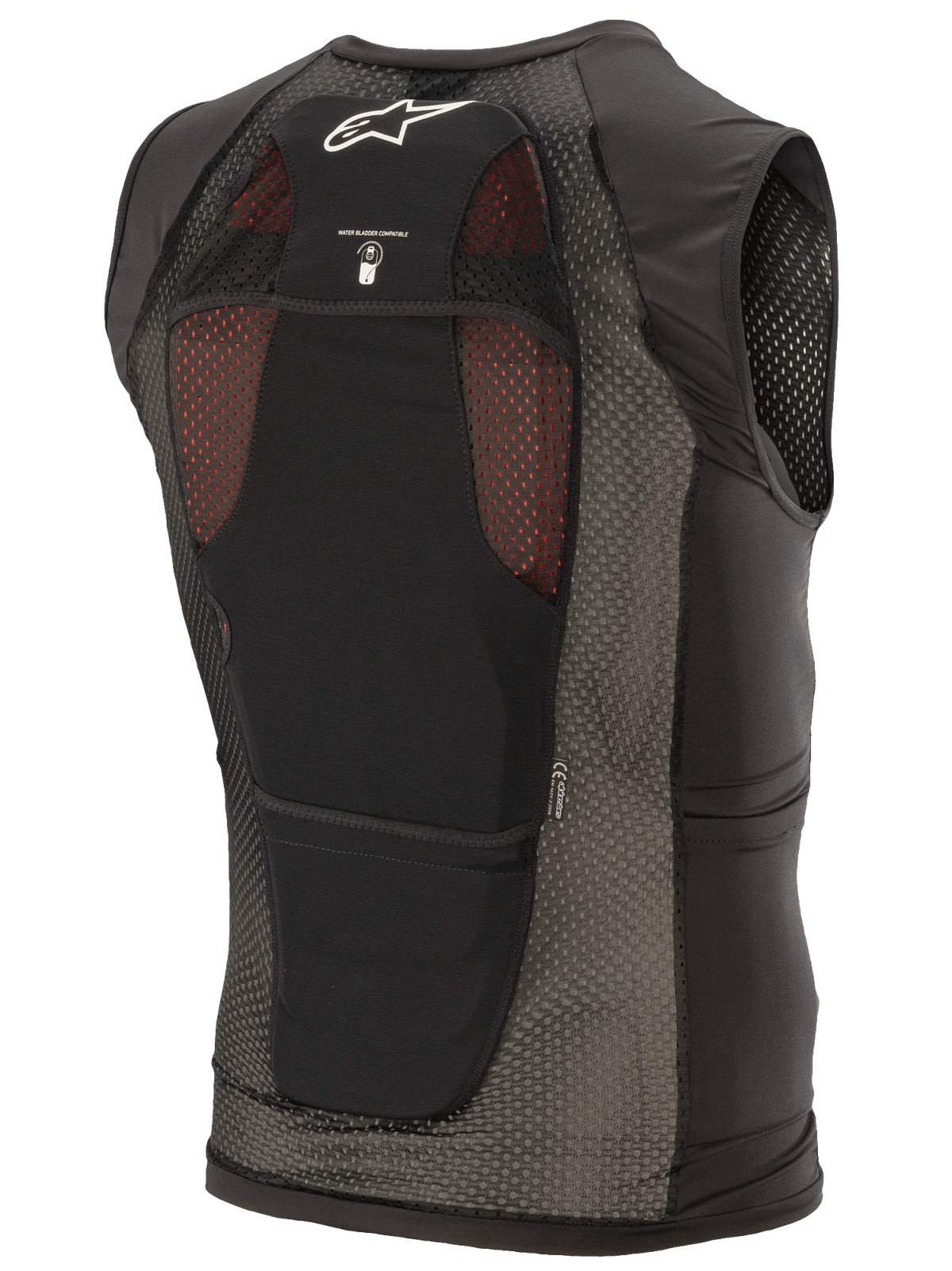Alpinestars Paragon Plus Protection Vest, Black, back view featuring lightweight stretch mesh construction, white Astar logo, hydration bladder compatibility icon, and integrated CE Level 1 back protector.