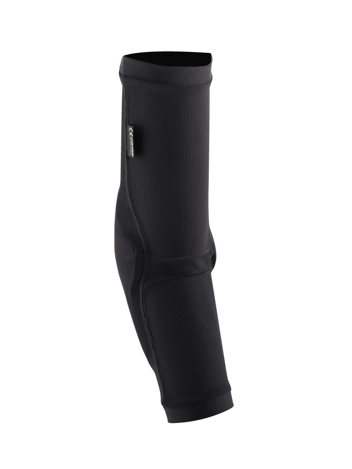 Alpinestars Paragon Plus Elbow Protectors, Black MTB Elbow Guard, slip-on sleeve with textured breathable mesh, featuring rip-stop fabric reinforcements and a CE certification tag, ergonomic design for mountain biking