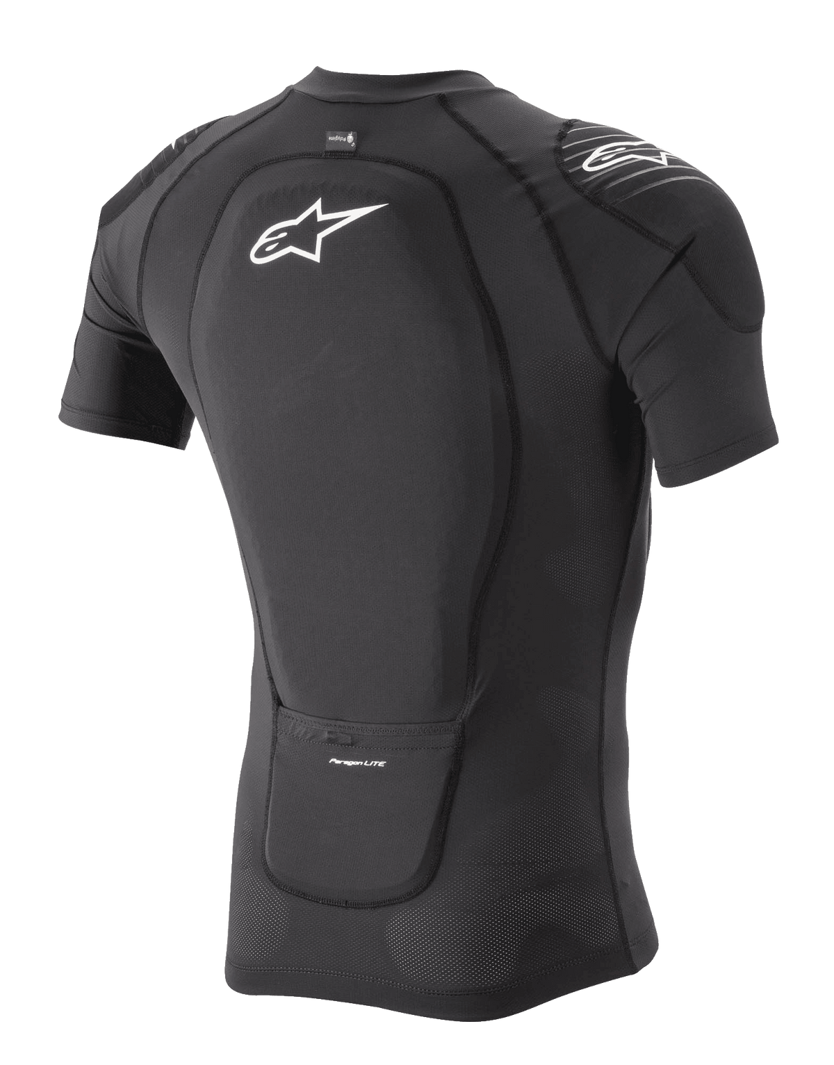Alpinestars Paragon Lite Protection Jacket - Short Sleeve, Black, rear three-quarter view showing integrated back protector and breathable stretch mesh construction, featuring white Alpinestars logo on the back and shoulder, lightweight mountain bike protection gear