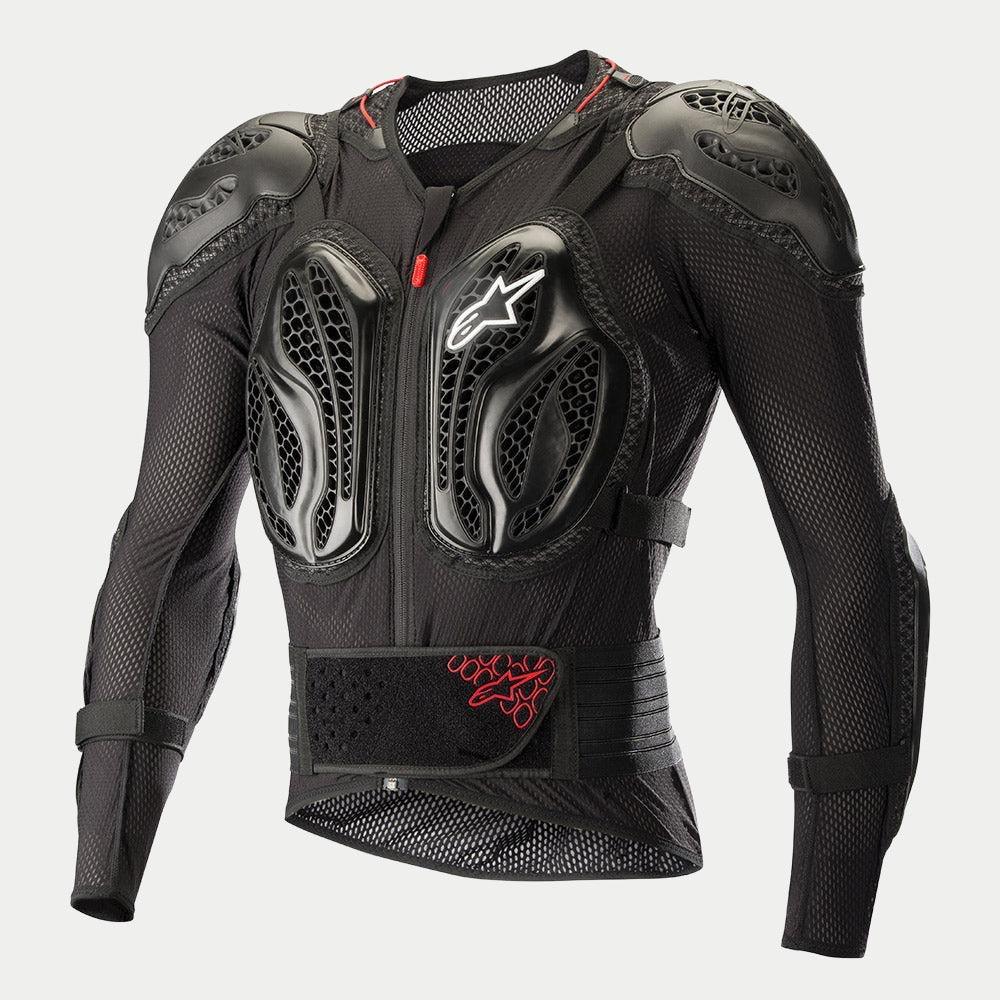 Alpinestars Bionic Pro Protection Jacket, Long Sleeve Body Armor, Black with Red accents, lightweight mesh construction, featuring integrated polymer protection plates on chest, shoulders, and elbows with honeycomb grid design, front zipper with red pull tab and adjustable kidney belt.