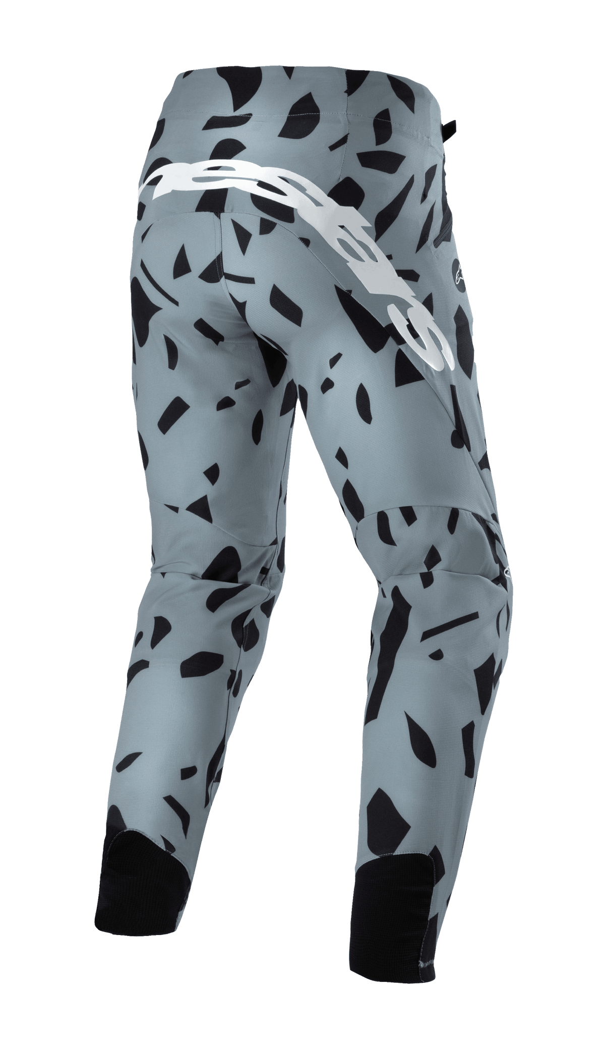 Alpinestars Techstar Envision Pants, Mountain Bike Pants, Ash Blue with black abstract geometric pattern, back view featuring large white script logo and black mesh calf panels, durable off-road cycling gear