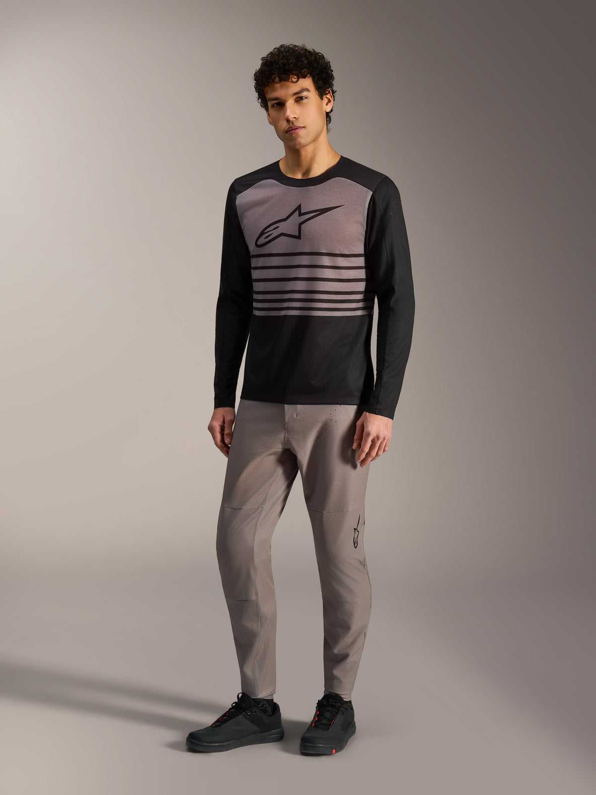 Alpinestars A-Dura Elite Jersey 2.0, long sleeve black and grey blocked design with chest stripes for trail riding.