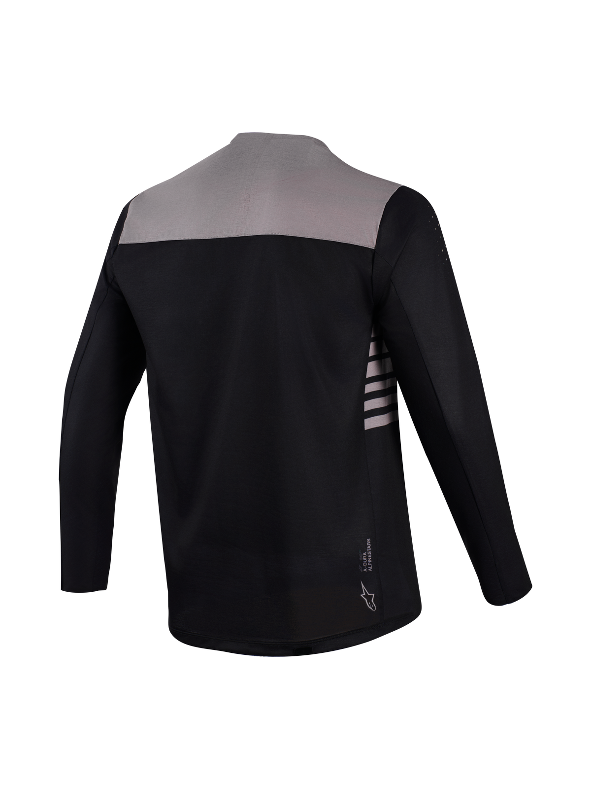 A-Dura Elite Long Sleeve Jersey 2.0 in black and gray, back view showing dropped tail and athletic MTB performance design.