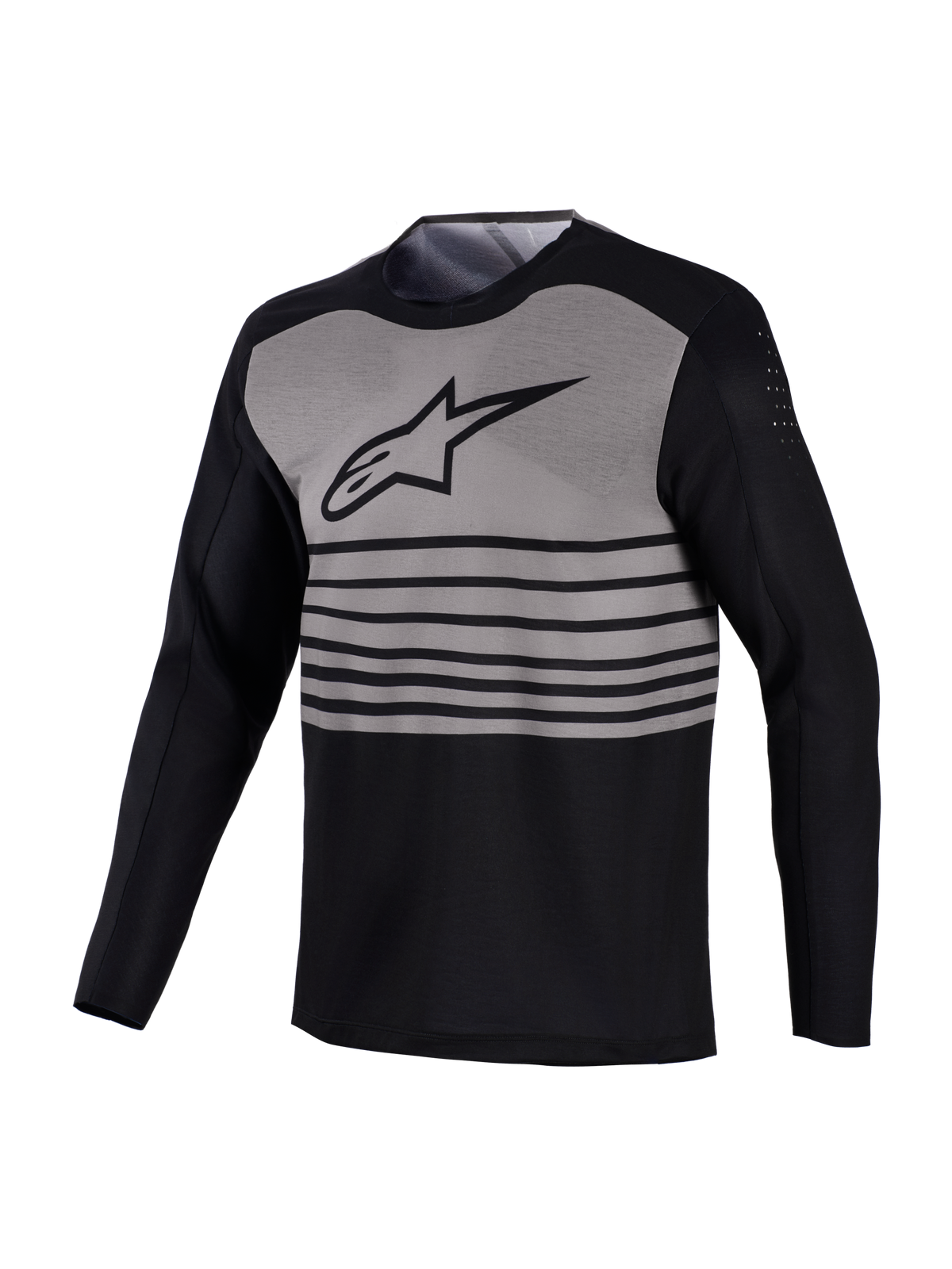 A-Dura Elite Long Sleeve MTB Jersey, black and grey design with horizontal stripes and breathable bicep perforations.