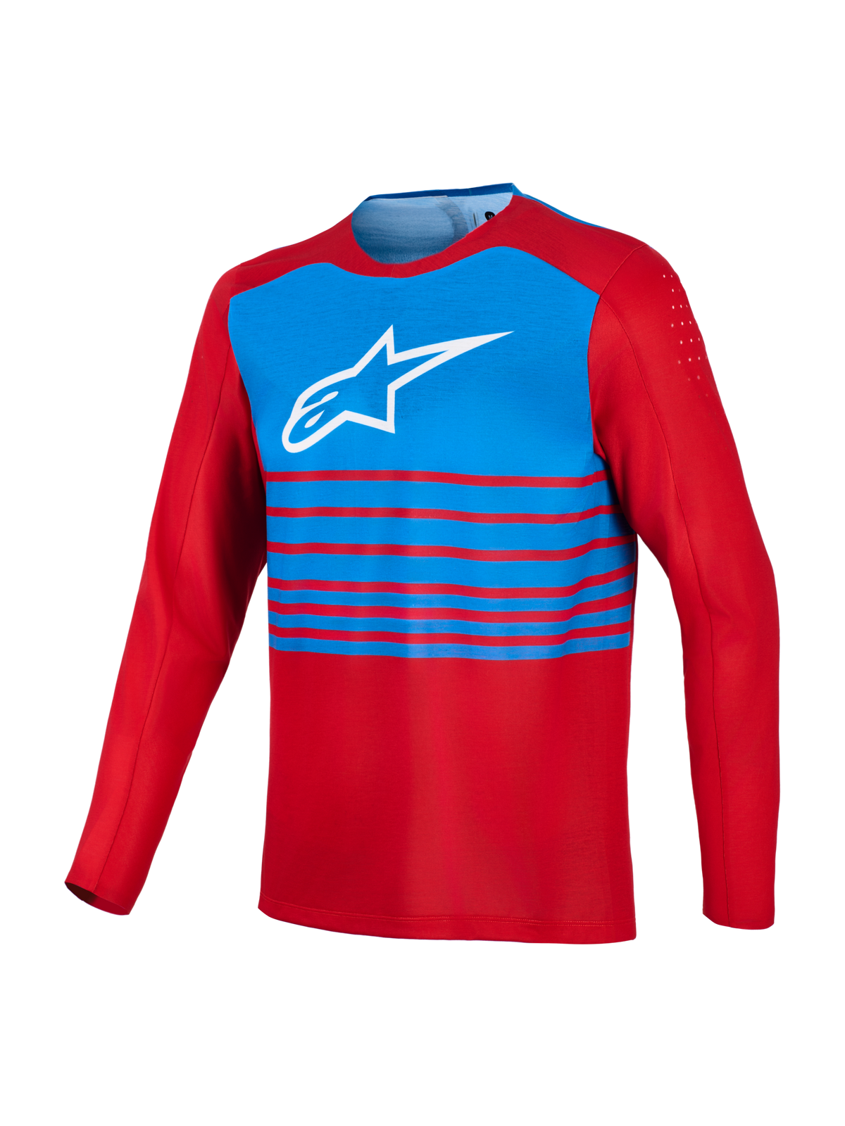Red and blue A-Dura Elite 2.0 long sleeve MTB jersey with a white Alpinestars chest logo and bicep ventilation.