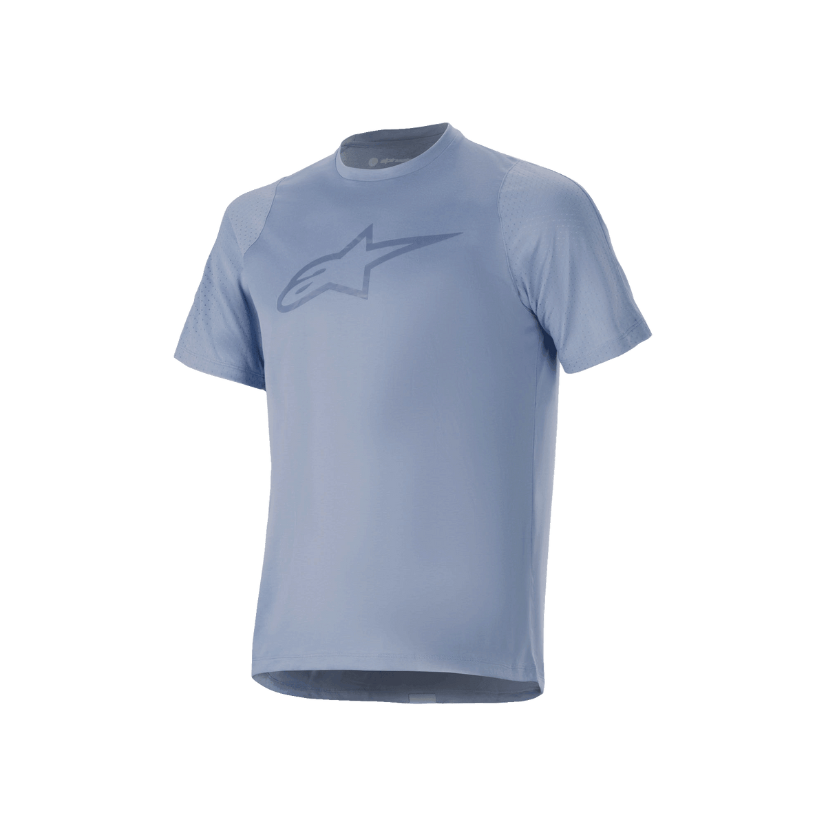 Alpinestars A-Dura Dri Astar Short Sleeve Jersey, Infinity Blue, featuring a large chest logo, breathable mesh panels on the sleeves, and drirelease fabric, designed for mountain bike performance.