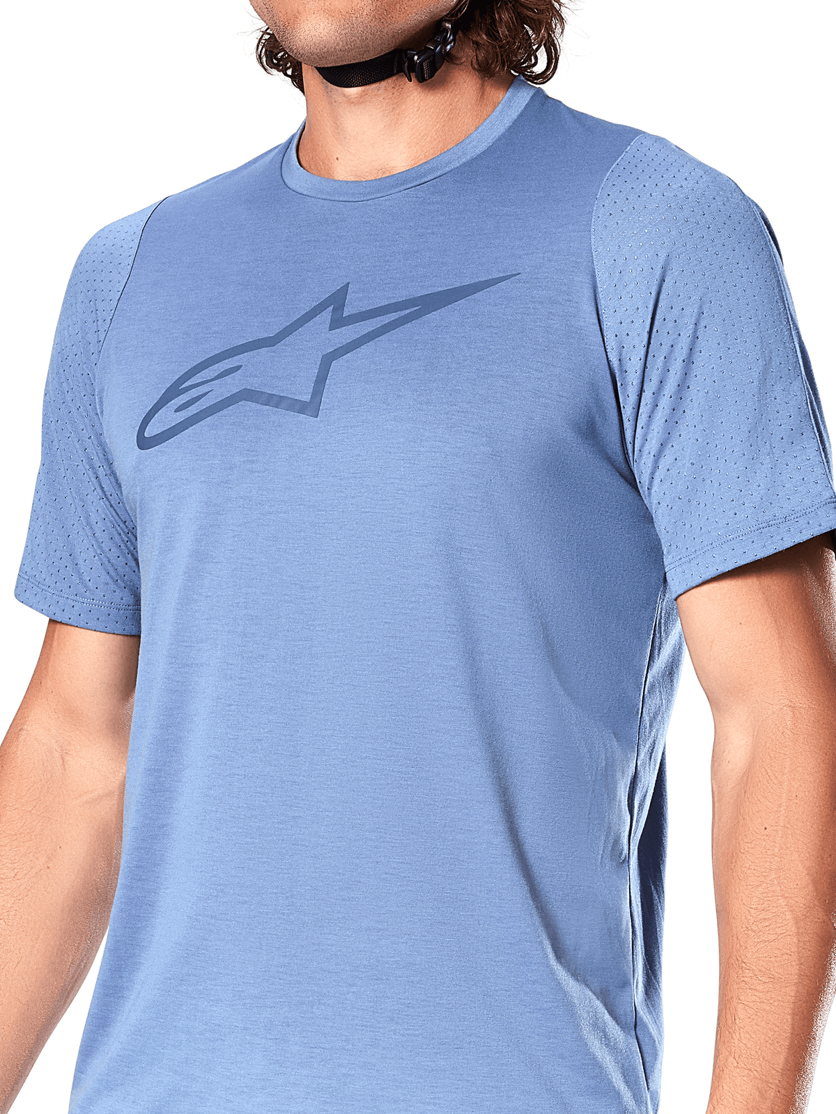 Alpinestars A-Dura Dri Astar Short Sleeve Jersey, Infinity Blue, featuring a dark blue Alpinestars Astar logo on the chest, breathable mesh panels on the sleeves, technical MTB cycling apparel