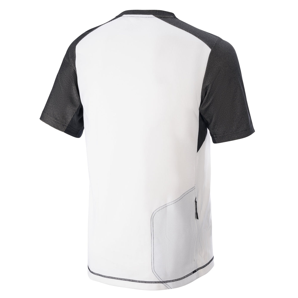 Alpinestars Alps 8 V2 Short Sleeve Jersey, Mountain Bike Jersey, White and Black, rear view showing zippered back pocket, textured black sleeves, and ergonomic athletic fit for off-road riding