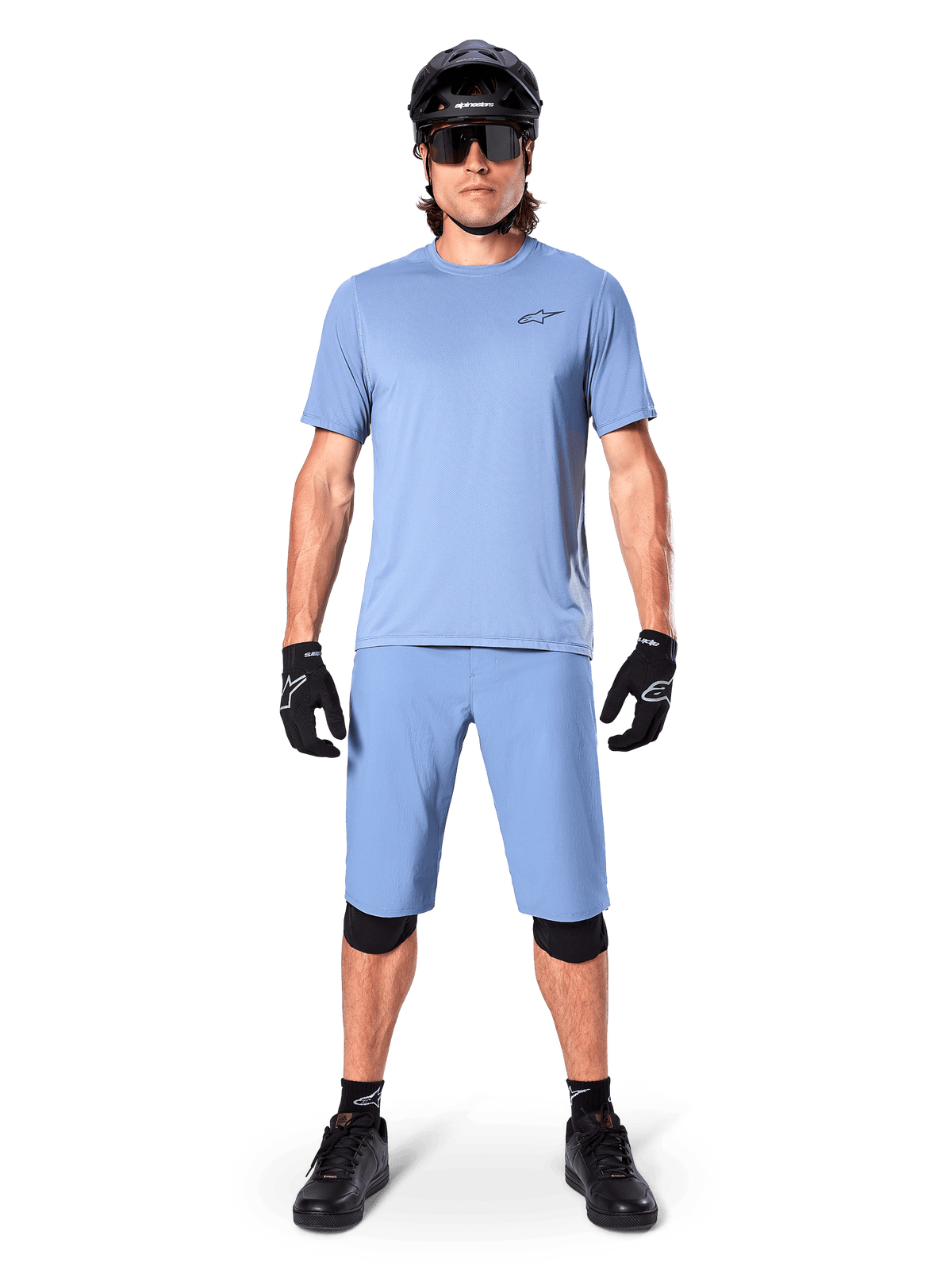 Alpinestars A-Dura Astar Short Sleeve Jersey, mountain bike trail gear, Men's, Infinity Blue, featuring matching shorts.