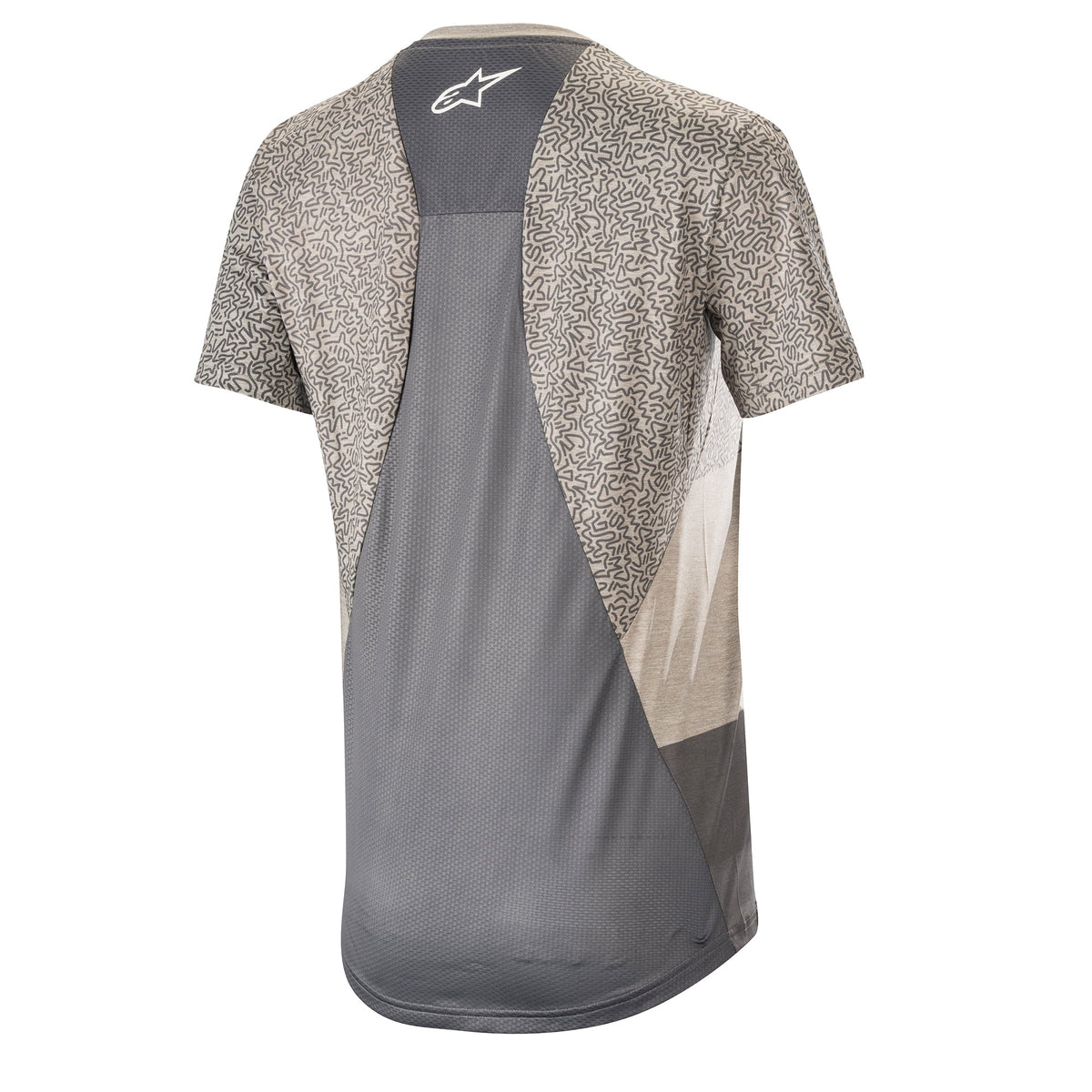 Alpinestars Women Stella Alps 8.0 Jersey, Short Sleeve MTB Jersey, Mid Gray Anthracite, back view featuring patterned side panels and a solid dark gray mesh center for ventilation, extended rear hem, white star logo at the neck